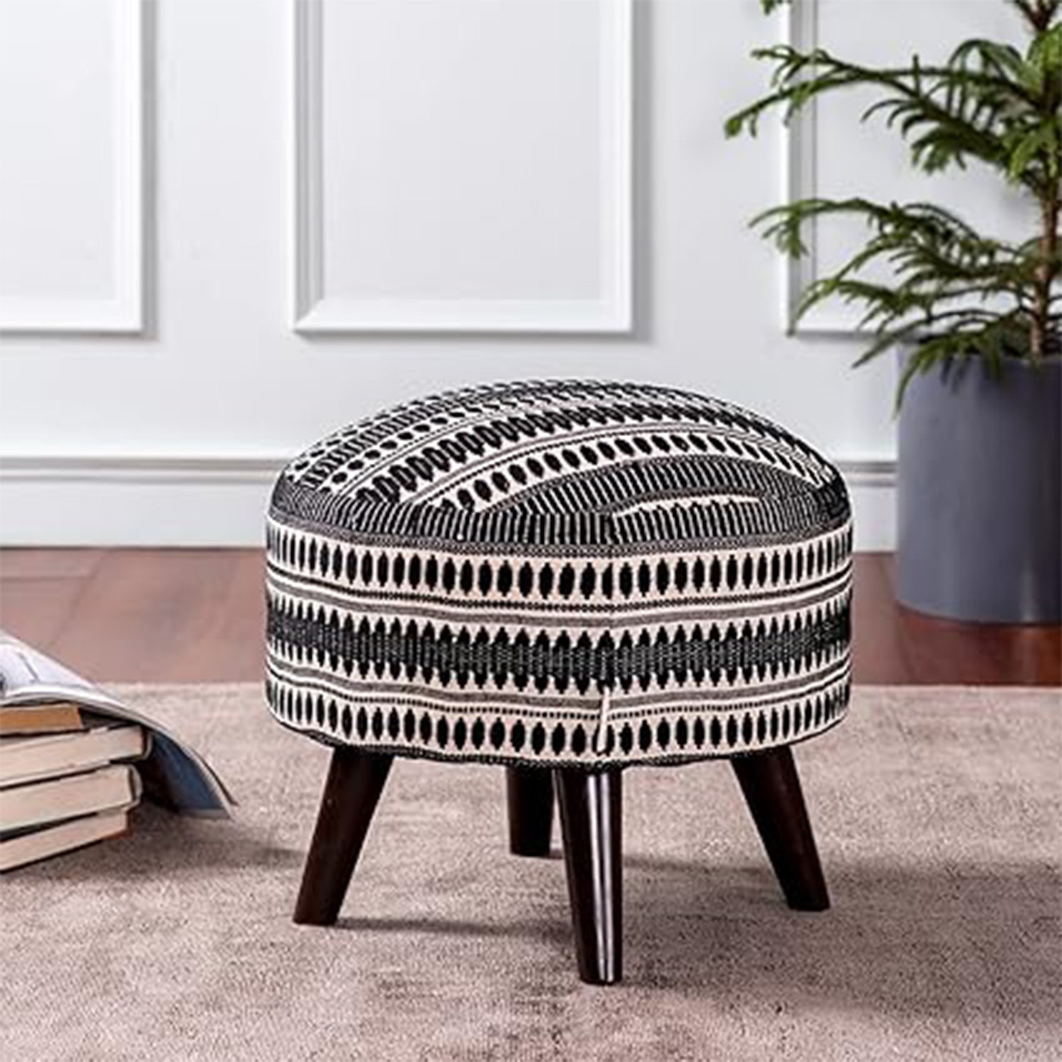 Bohemian Jacquard Wooden Ottoman in Black & White - Nestroots