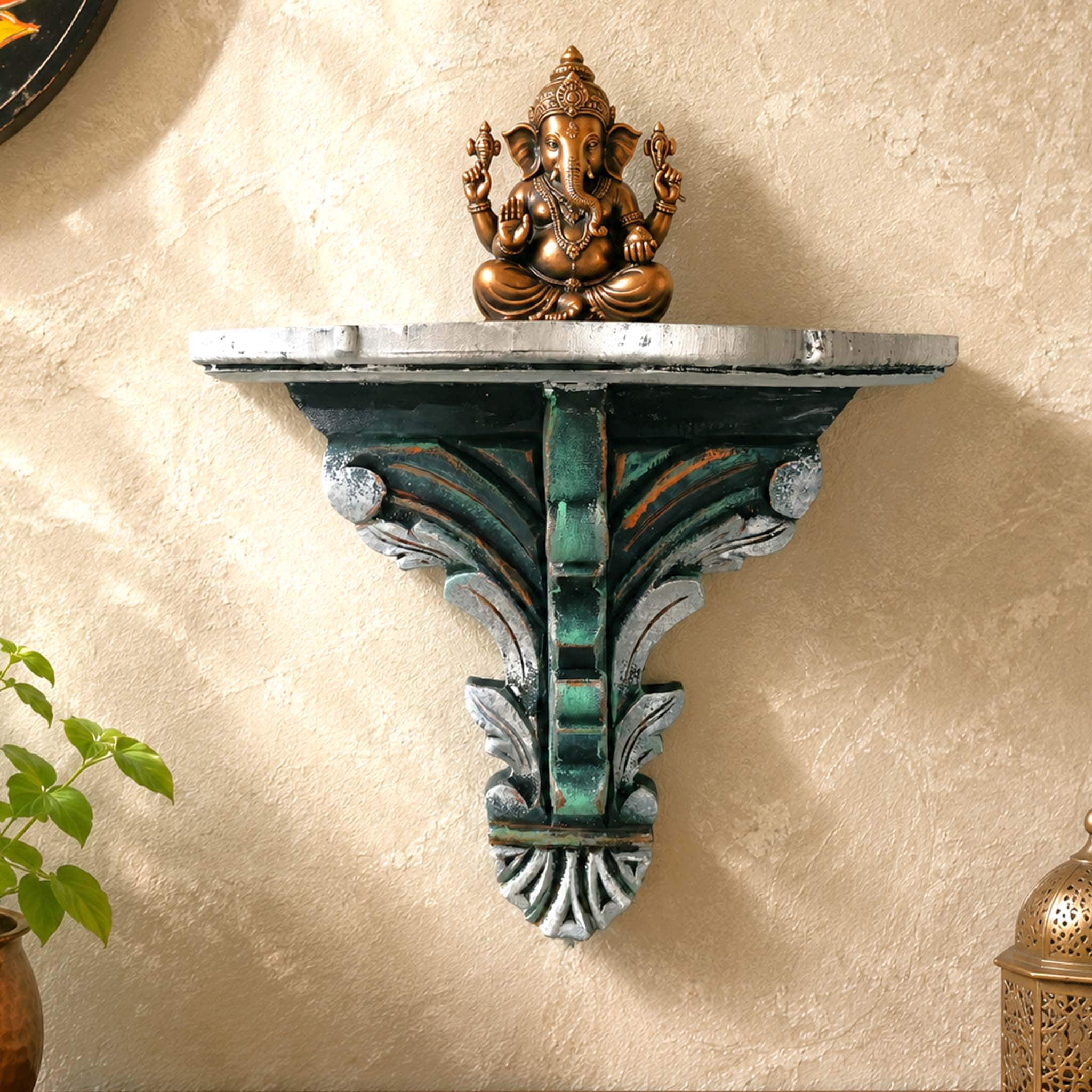 Multishade Colour Solid Wood Handcarved Navya Rajat Floating Wall Shelf with distres finish by DisooFashions - Disoo Fashions