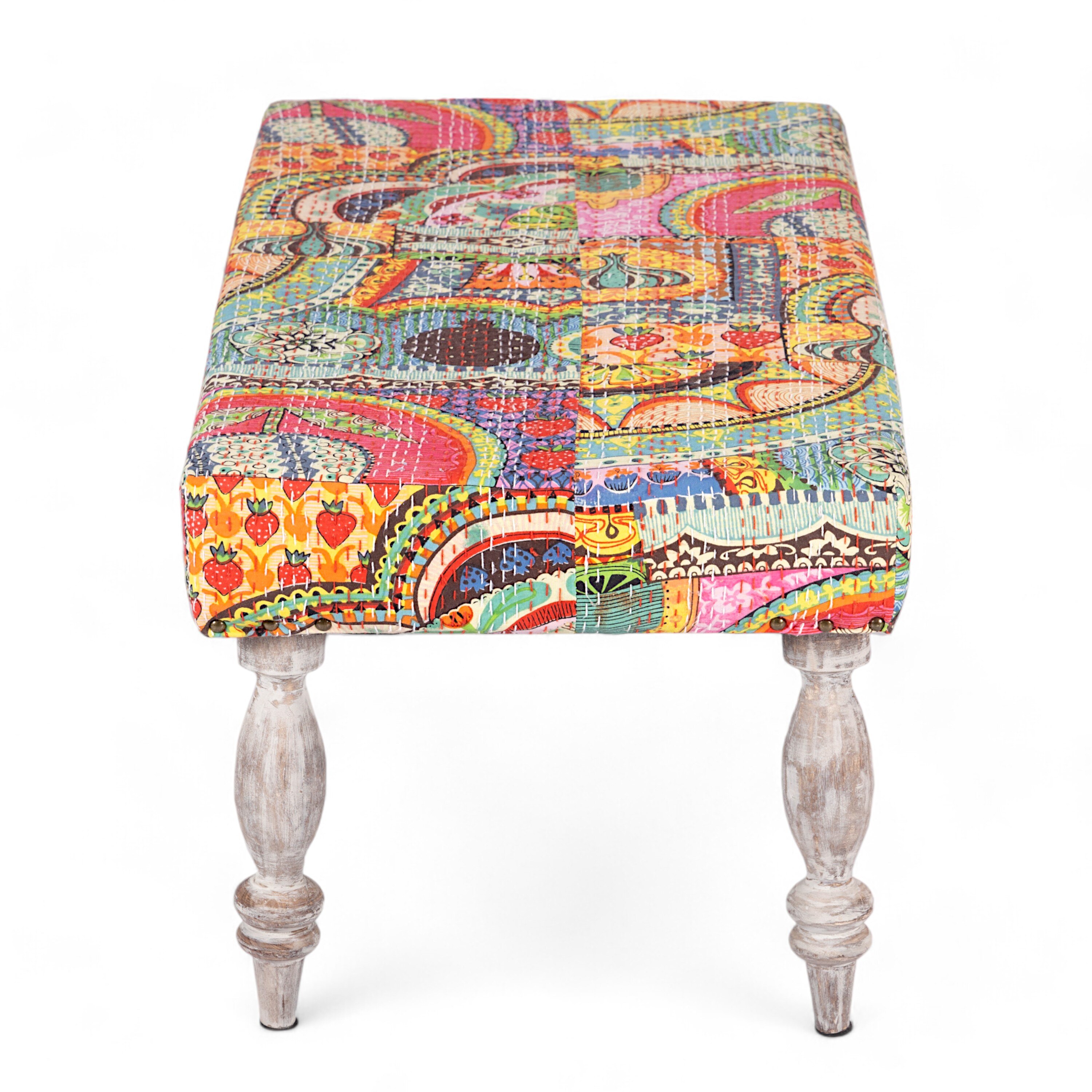 Bestone Sheesham Wood Bohemian 2+1+1 Seater Bench Set With 2 Stools In Israel Print Patchwork Kantha