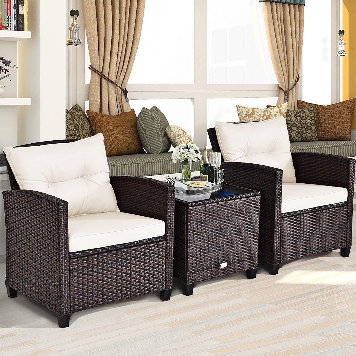 Carry Bird Wicker Patio Furniture Outdoor Balcony Chairs In Cream Colour - Carrybird