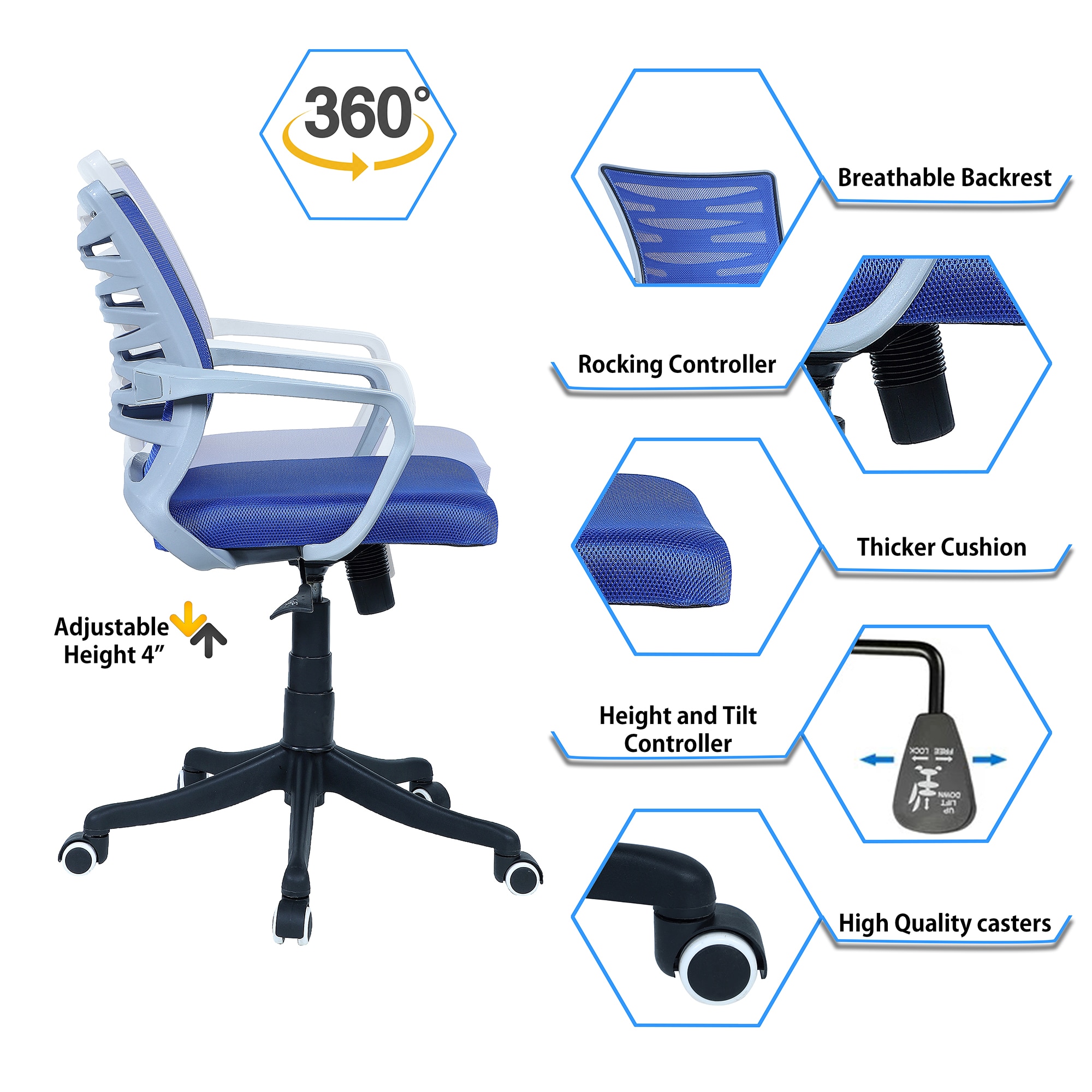 Xxeana Mid Back Ergonomic Chair in Blue Colour