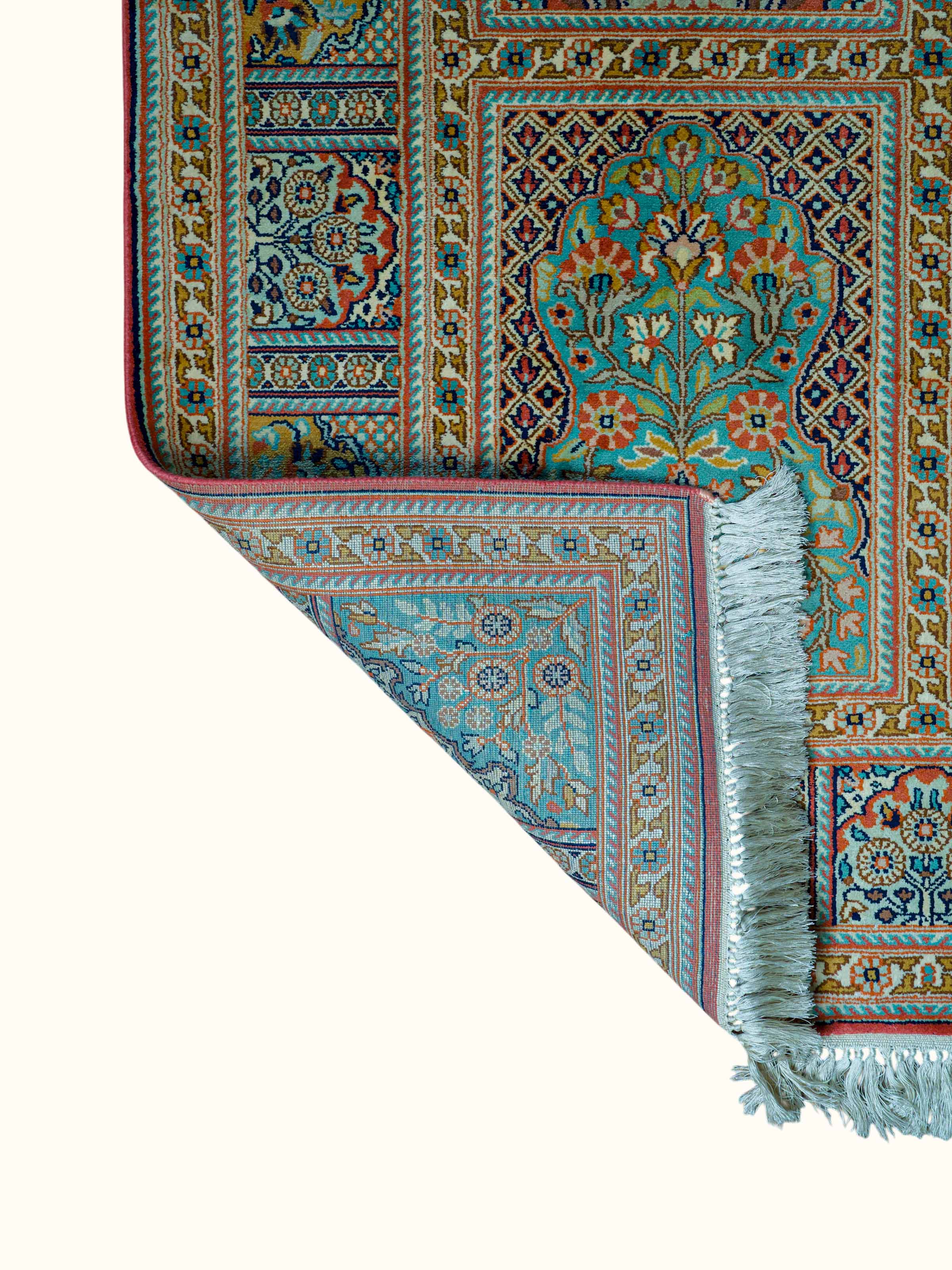 Traditional Persian Rust Ivory Hamadan Kashmir Silk Hand-Knotted Carpet