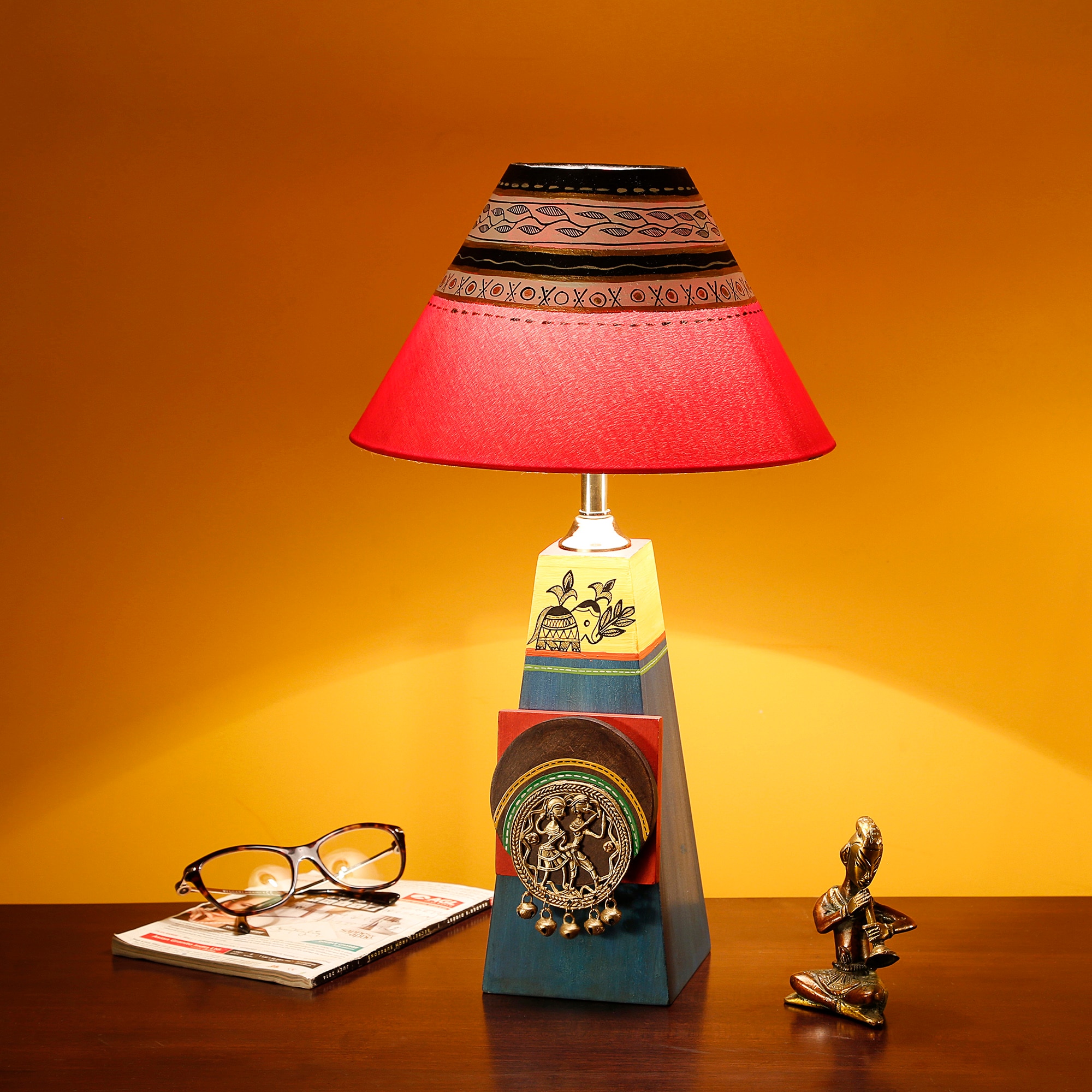 Turquoise Blue Lamp Embellished with Dhokra Brass Tiles & Red Shade