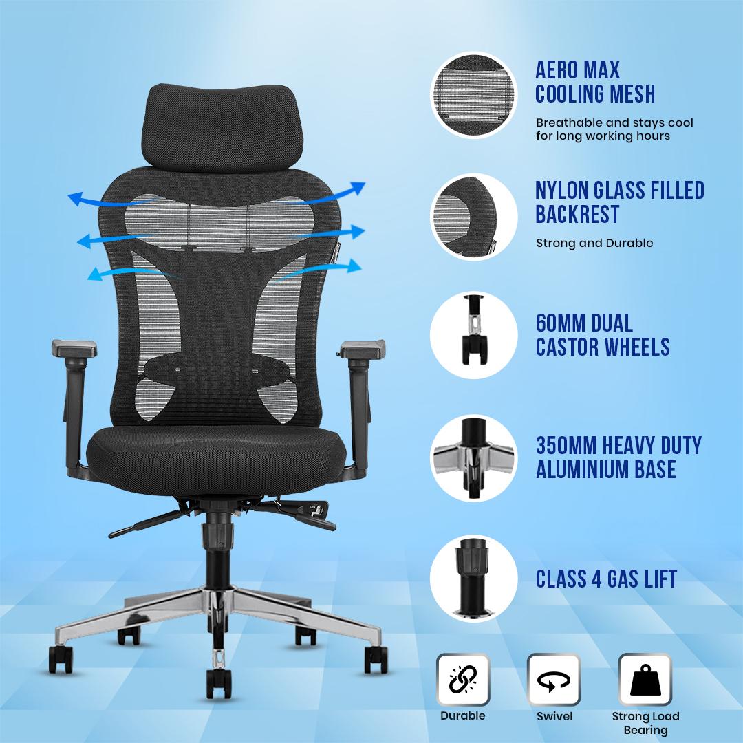 Vertex High Back Mesh Office Chair with Headrest in Black Colour
