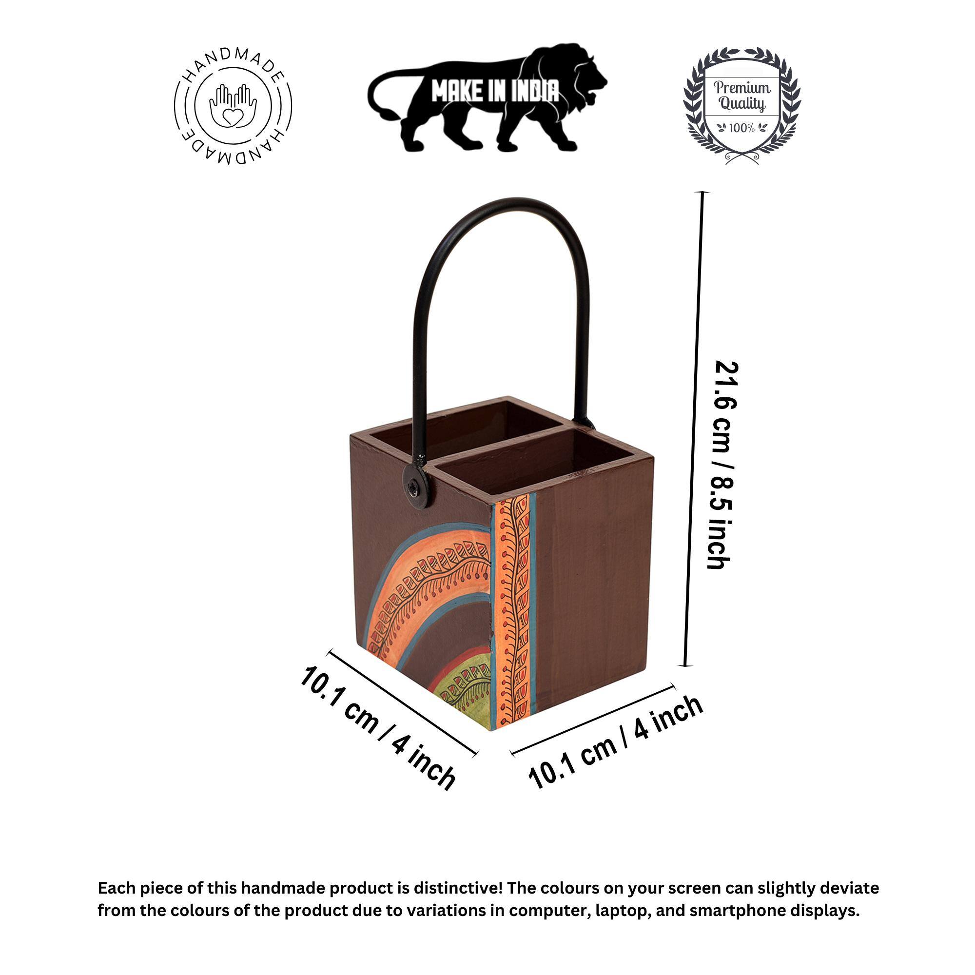 Cutlery Stand with Floral Patterns Handcrafted in Wood with Iron Handle (4x4x8.5)
