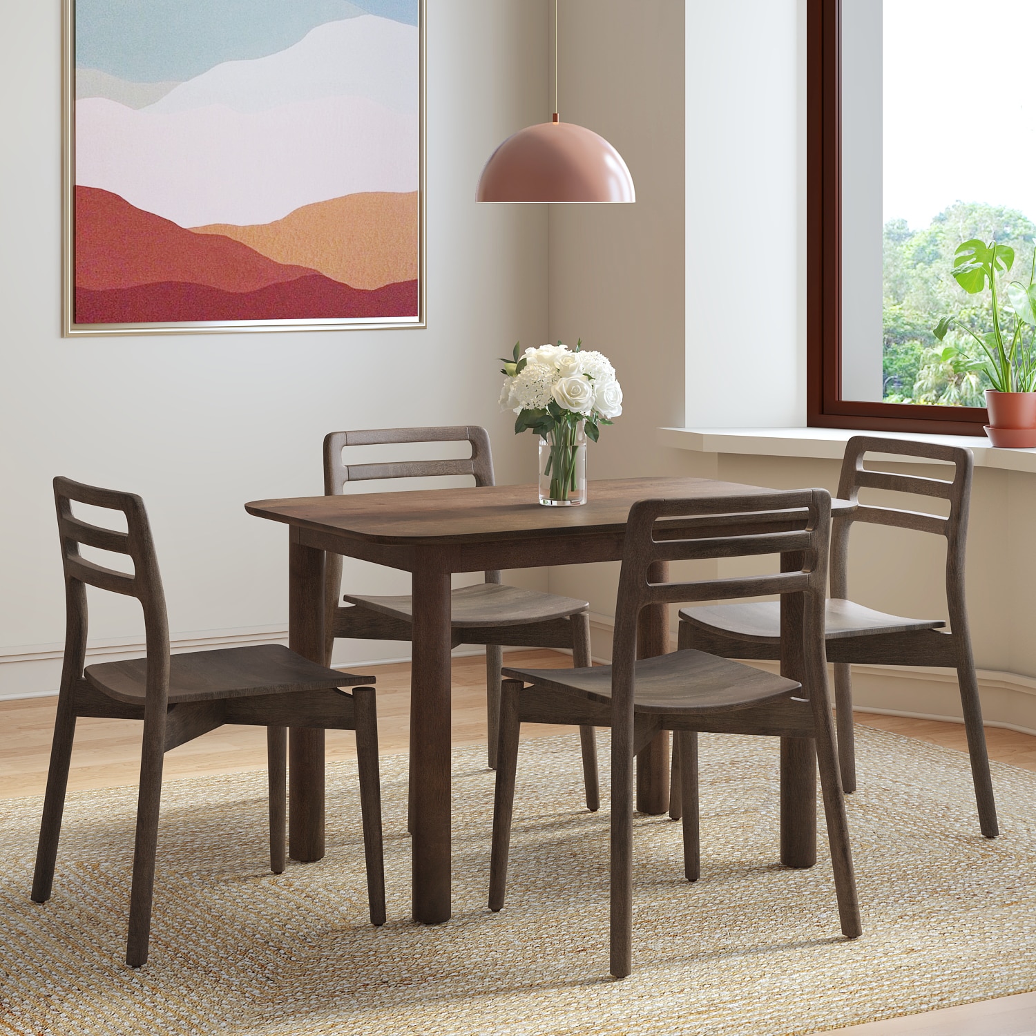 Dane Solid Wood 4 Seater Dining Table with 4 Dane Solid Wood Dining Chair (Finish: Danish Walnut) - Urban Ladder