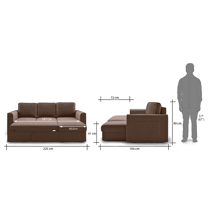 Kowloon Sectional 3 Seater Pull Out Sofa cum Bed In Daschund Brown Colour