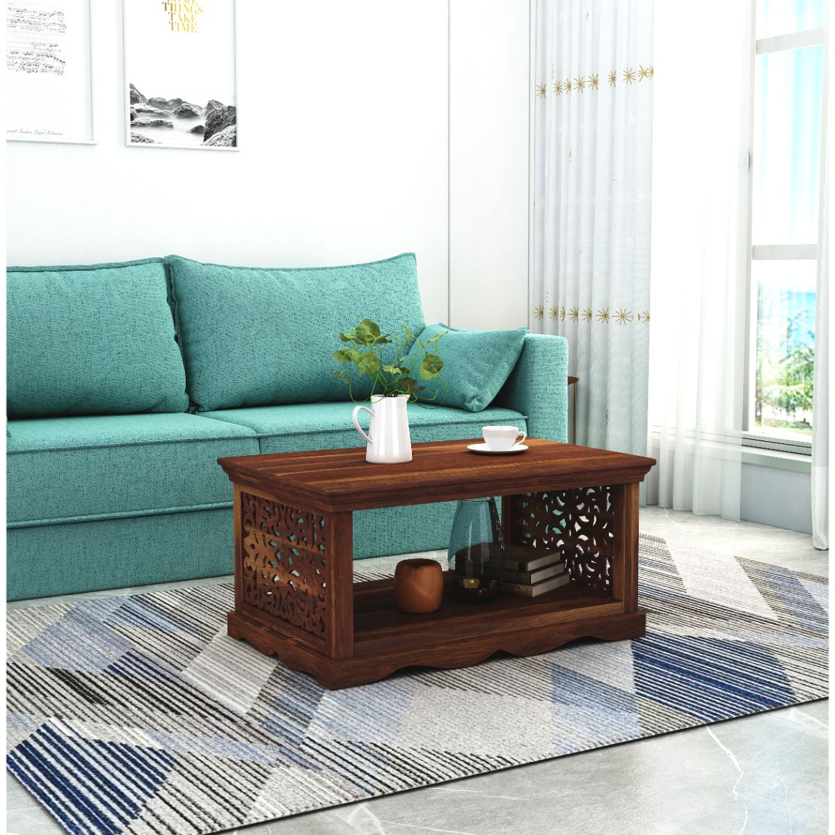 Arushi Rectangular Solid Wood Coffee Table In Teak Finish - Vishwakarma Antique