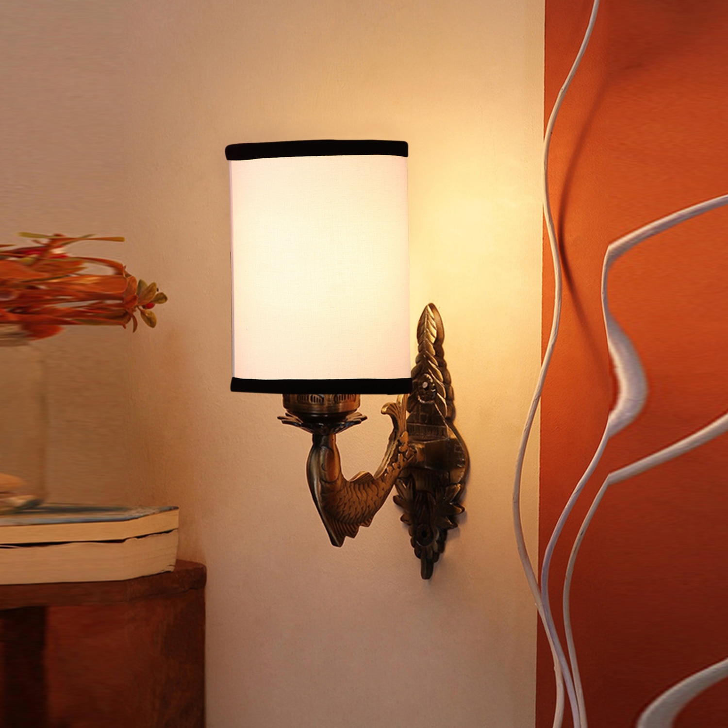 Devansh Metal Electric Wall Light in Antique Gold Colour with White & Black Shade Count of 1 Light