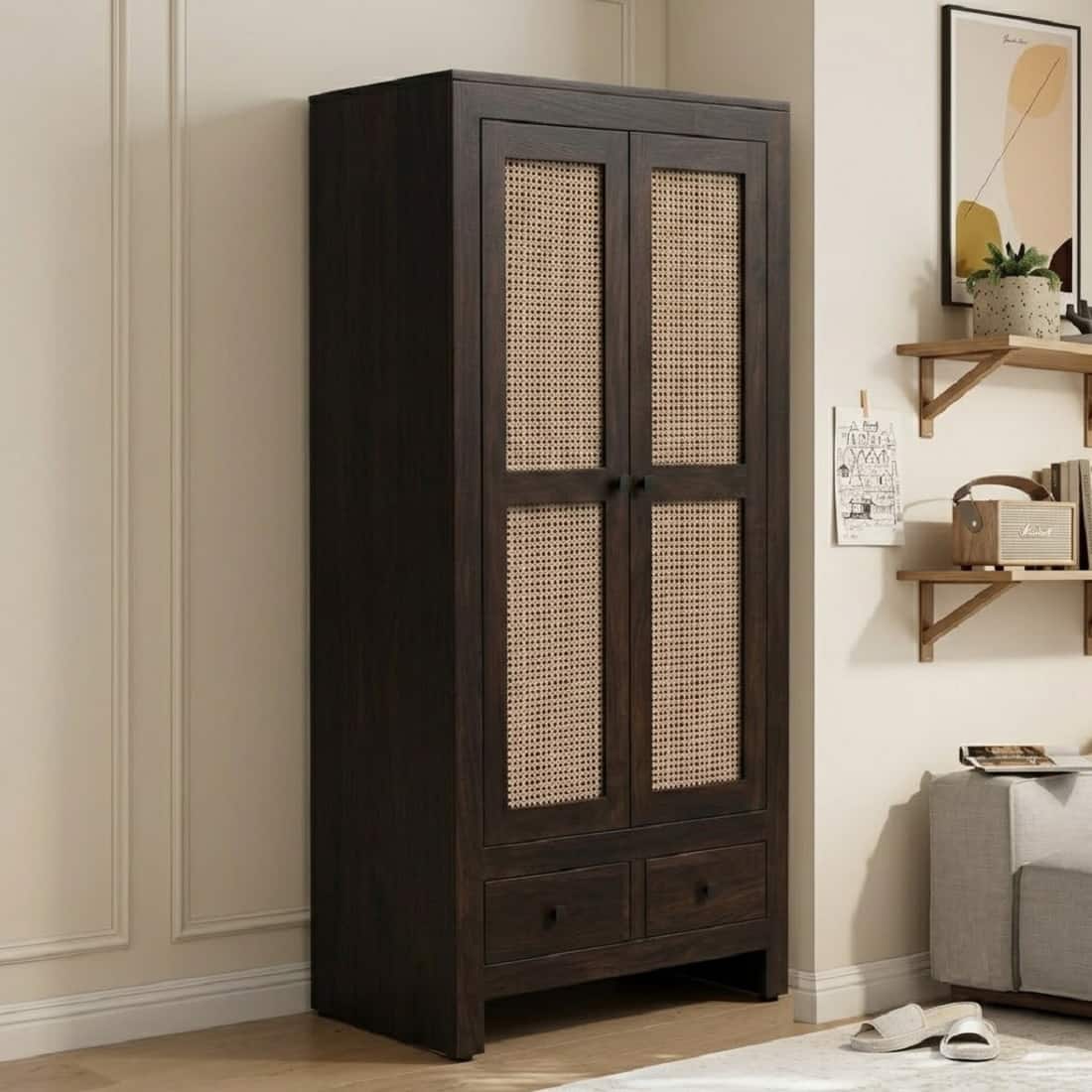 Rita Solid Wood Two Door With Two Drawer Rattan Cane Designed Wardrobe  In Tubbeco Finish - Demiwall
