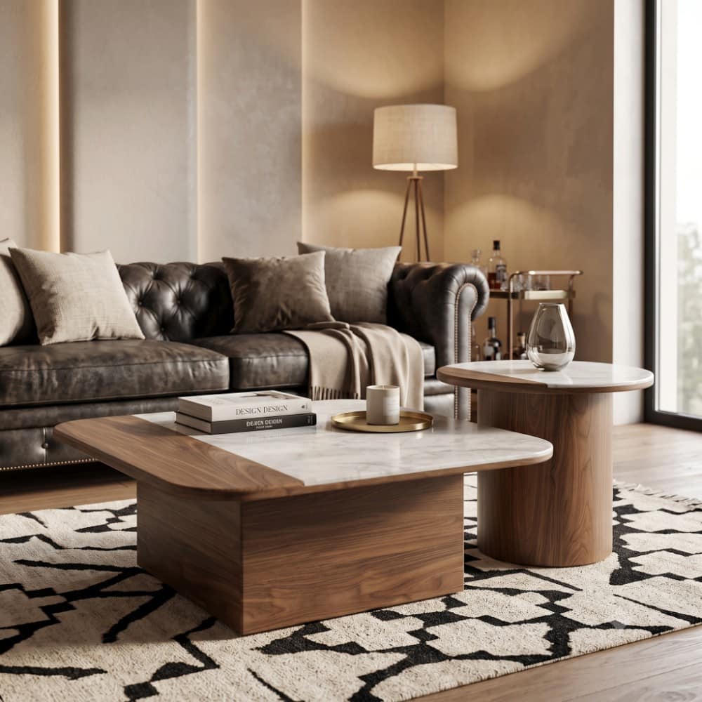 The Aurelia Dual Texture Marble Walnut Round Coffee Table