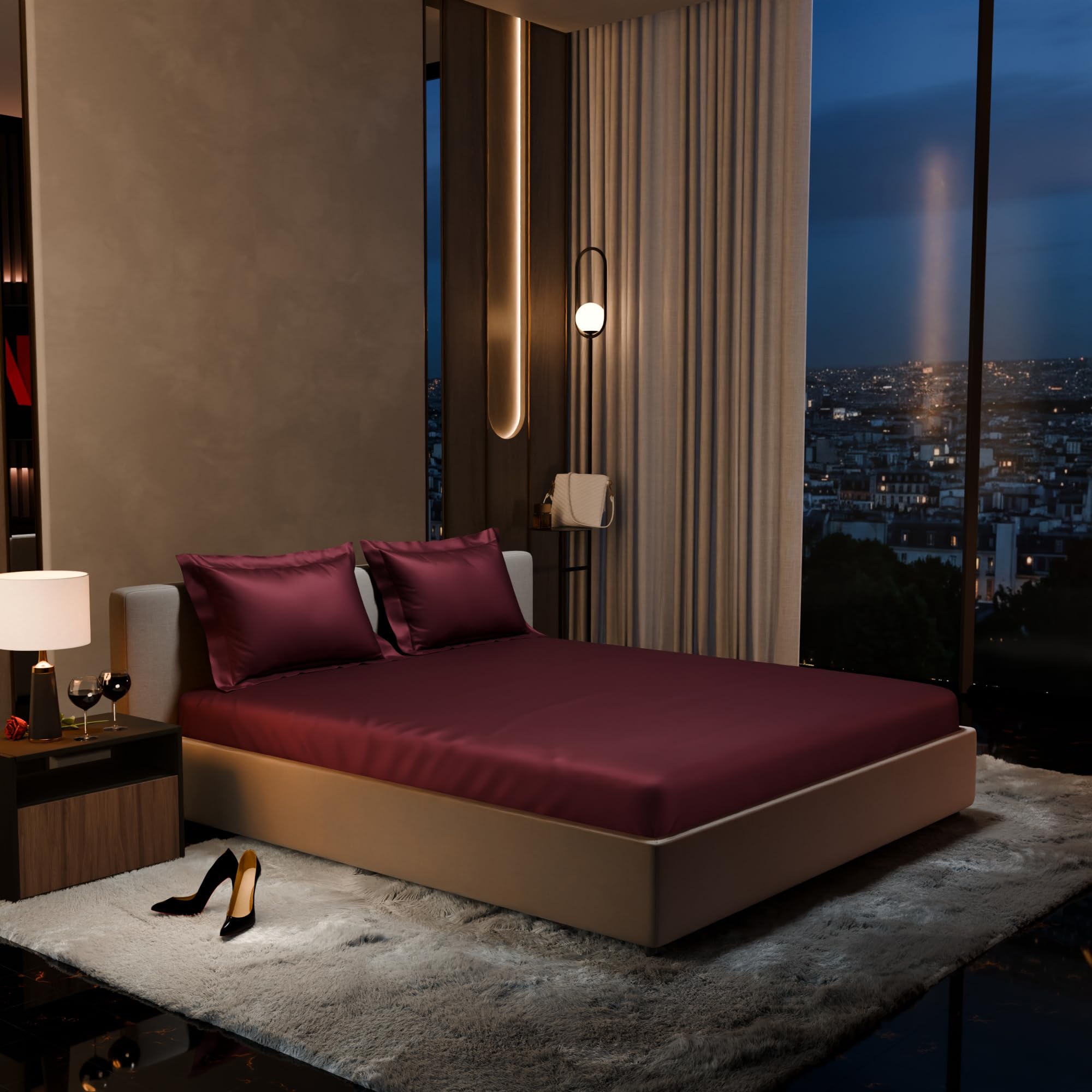 Stoa Paris 300TC UltrSatin Double Bedsheet Set Satin Double Velvet Wine - Stoa Paris