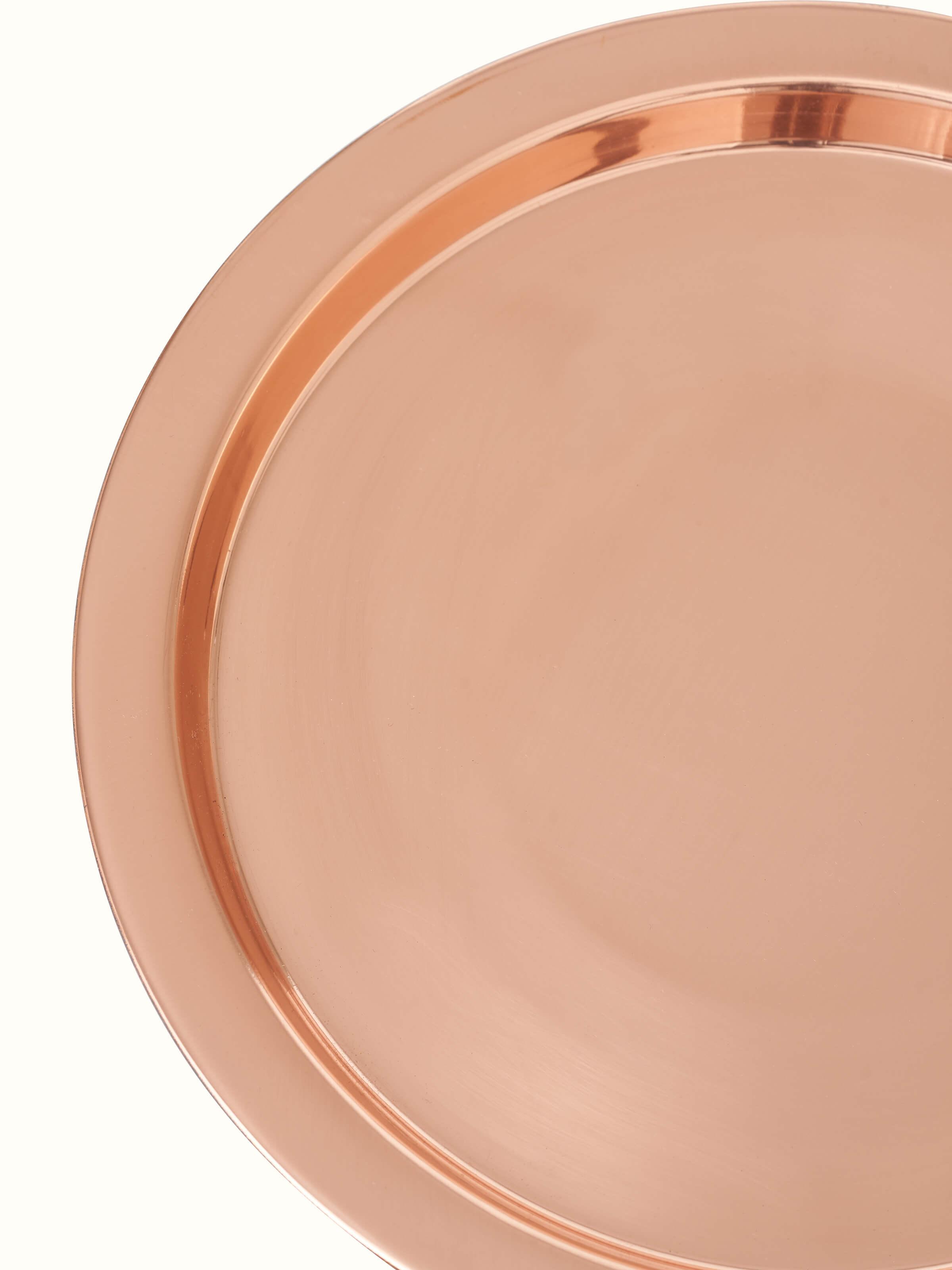Close-up of Polished Copperware Pooja Thali Set (4 pcs) focusing on detailed craftsmanship