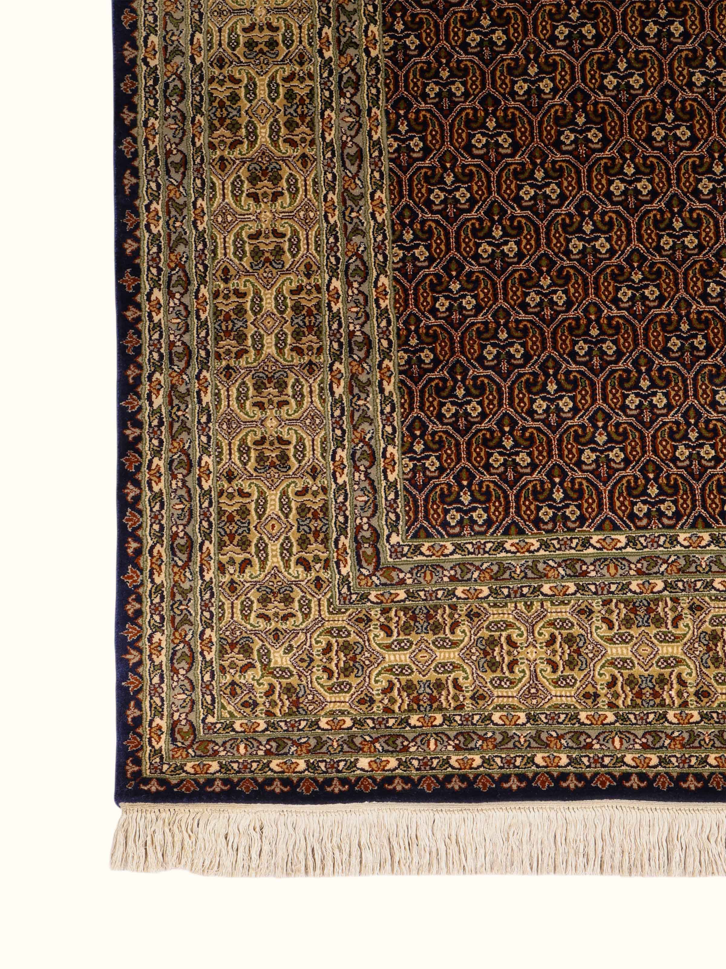 Traditional Persian Navy Ivory Senneh Kashmir Silk Hand-Knotted Carpet