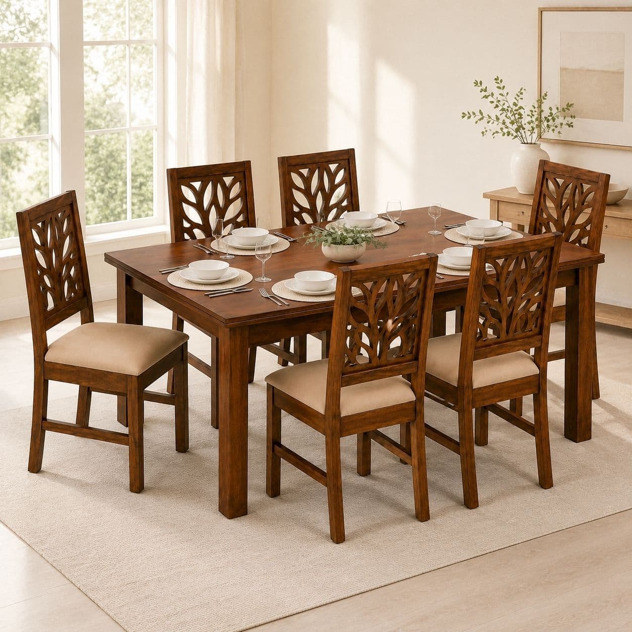 Globally Indian Ojasvi Solid Sheesham Wood 6 Seater Dining Table Set 6 Chairs Beige