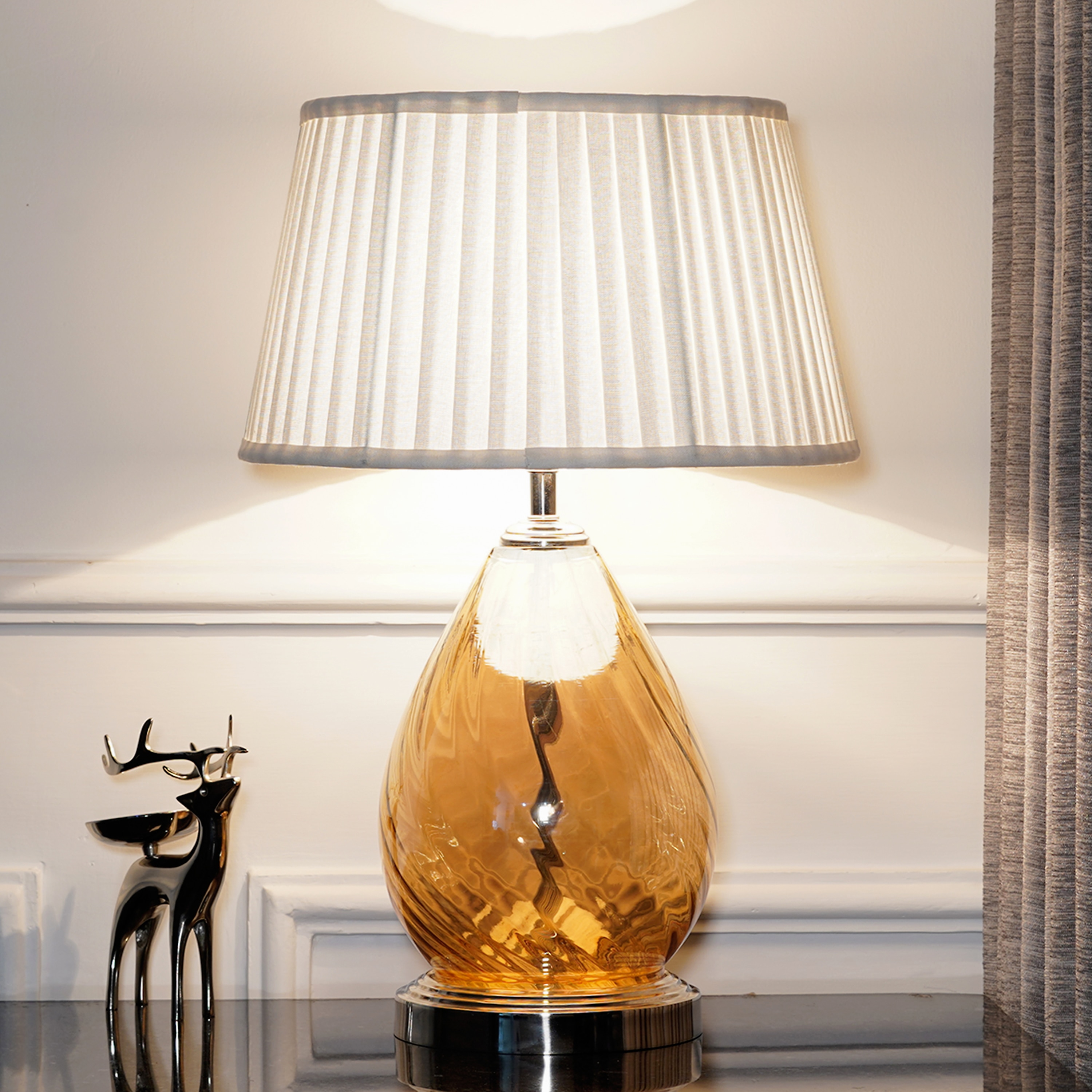 Decade Glass and Metal Table Lamp With White Cotton Shade