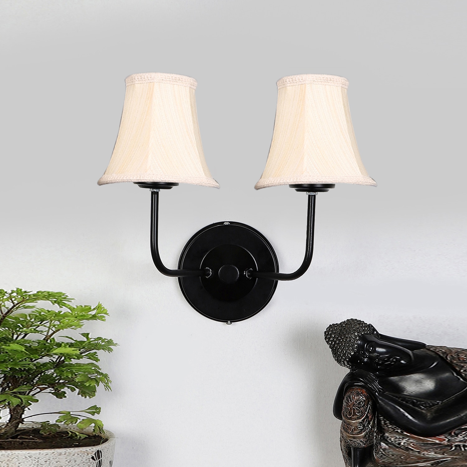 Devansh Dual Black Wallmounted Lamp With Cotton Off-White Shade
