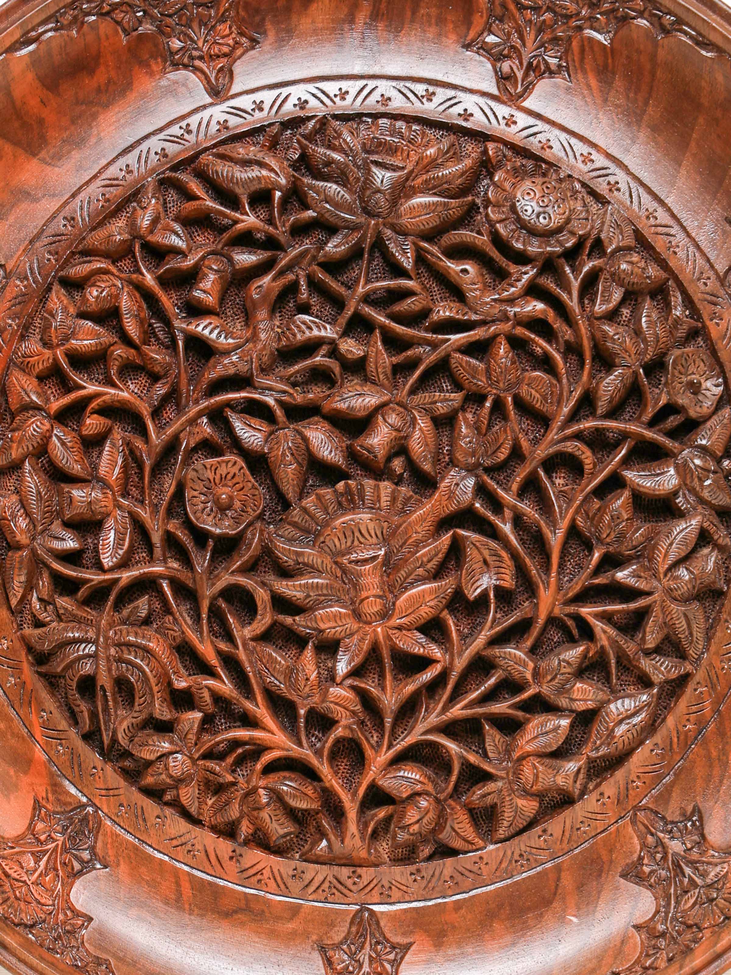 Detail view of the Roz e Gul Walnut Wood Display Plate
