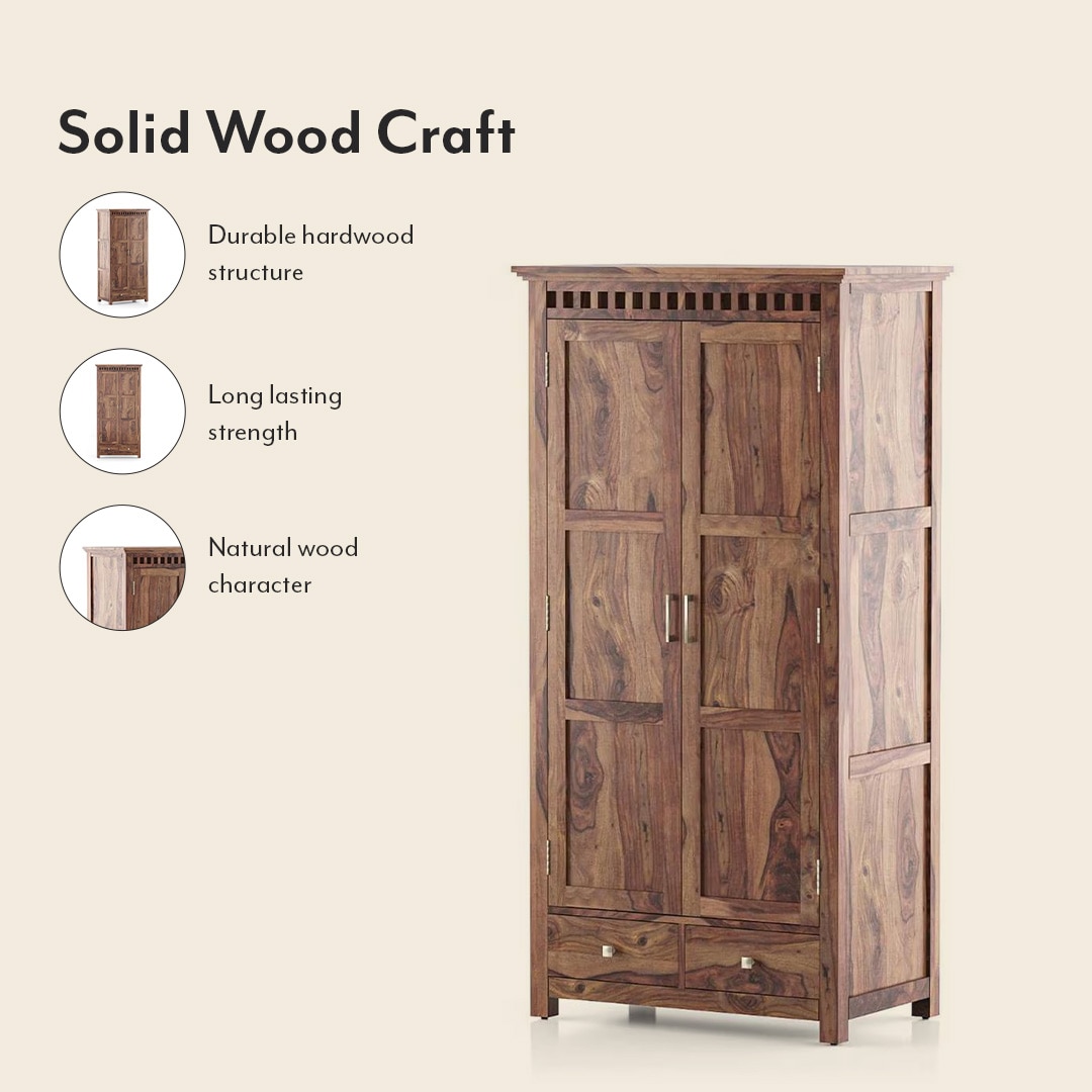 Fidora Solid Wood 2 Door Wardrobe in Teak Finish
