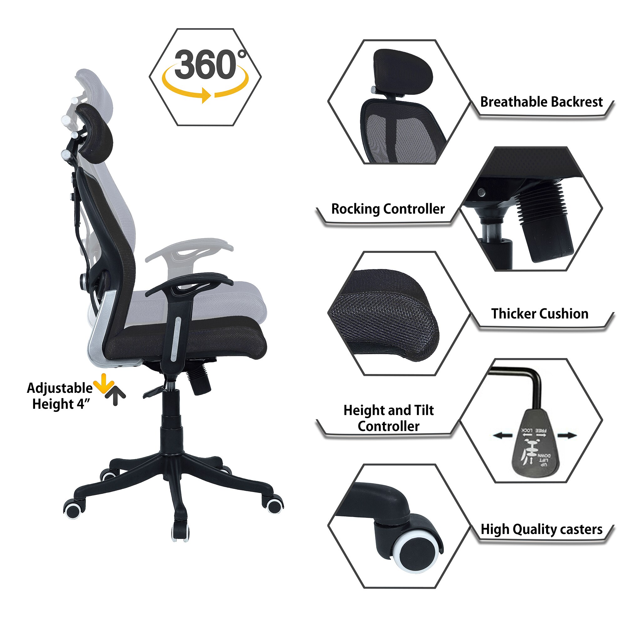 Reaii Mid Back Ergonomic Chair in Black Colour
