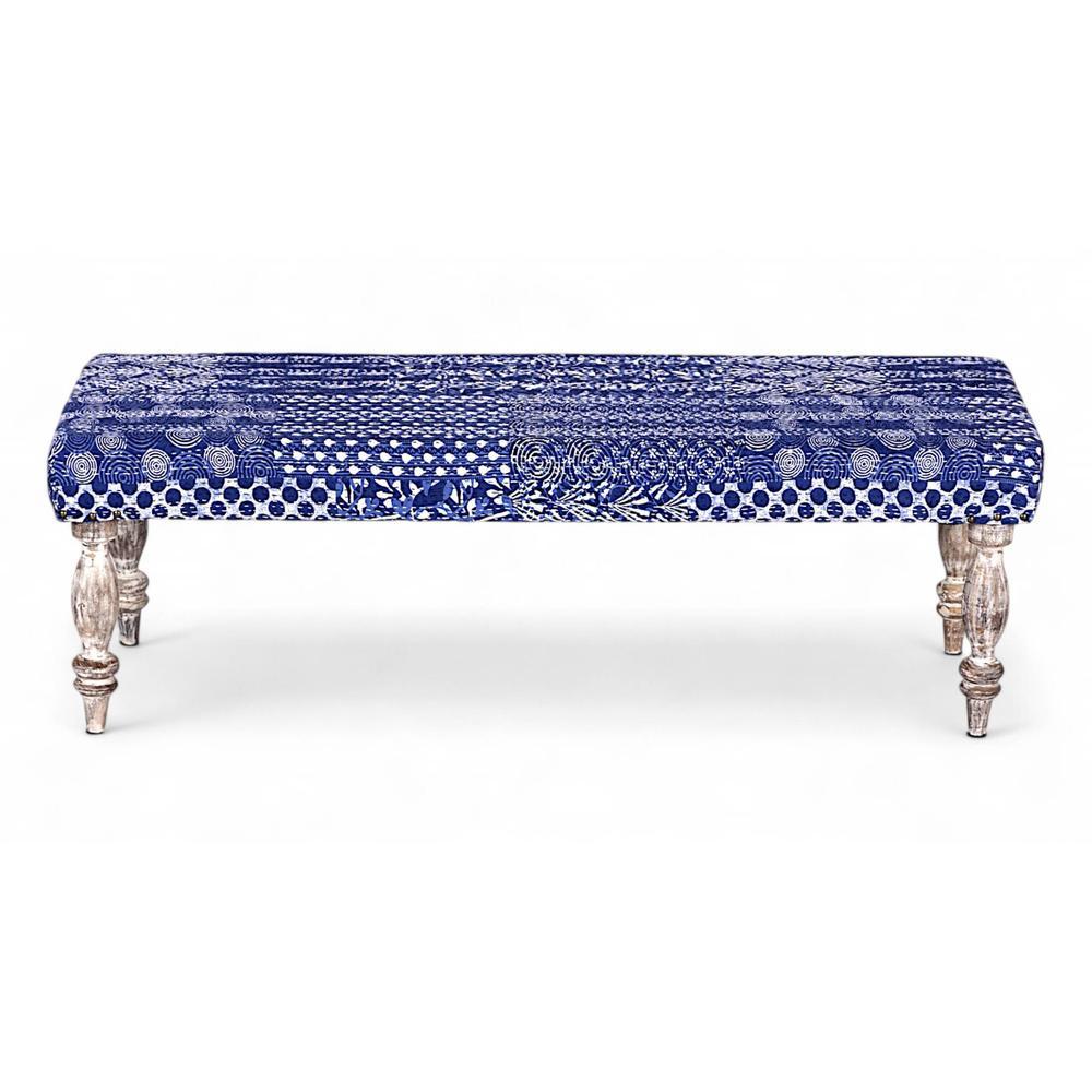Cairo Solid Wood 2 Seater Bench In Indigo Patch Kantha Fabric