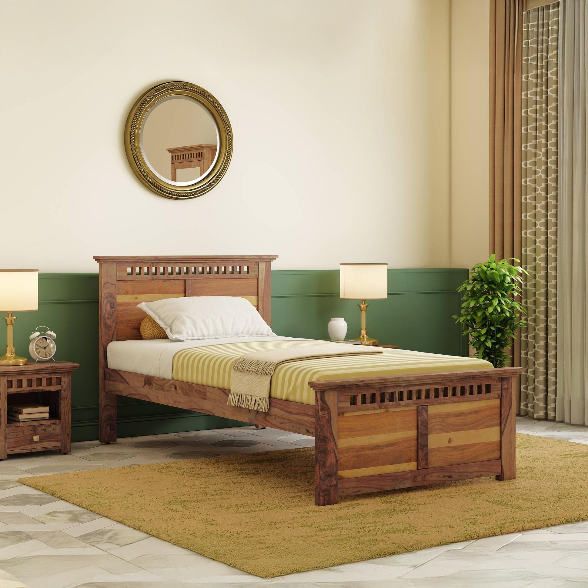 Fidora Solid Wood Single Size Non Storage Bed in Teak Finish