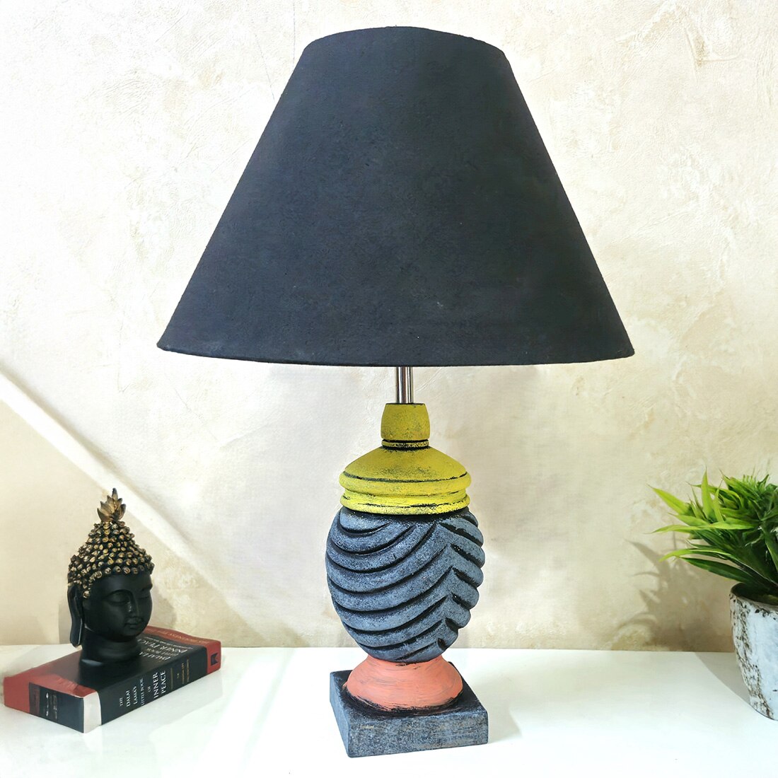 Wing Black Pink Stone Wooden Table Lamp in Multicolor