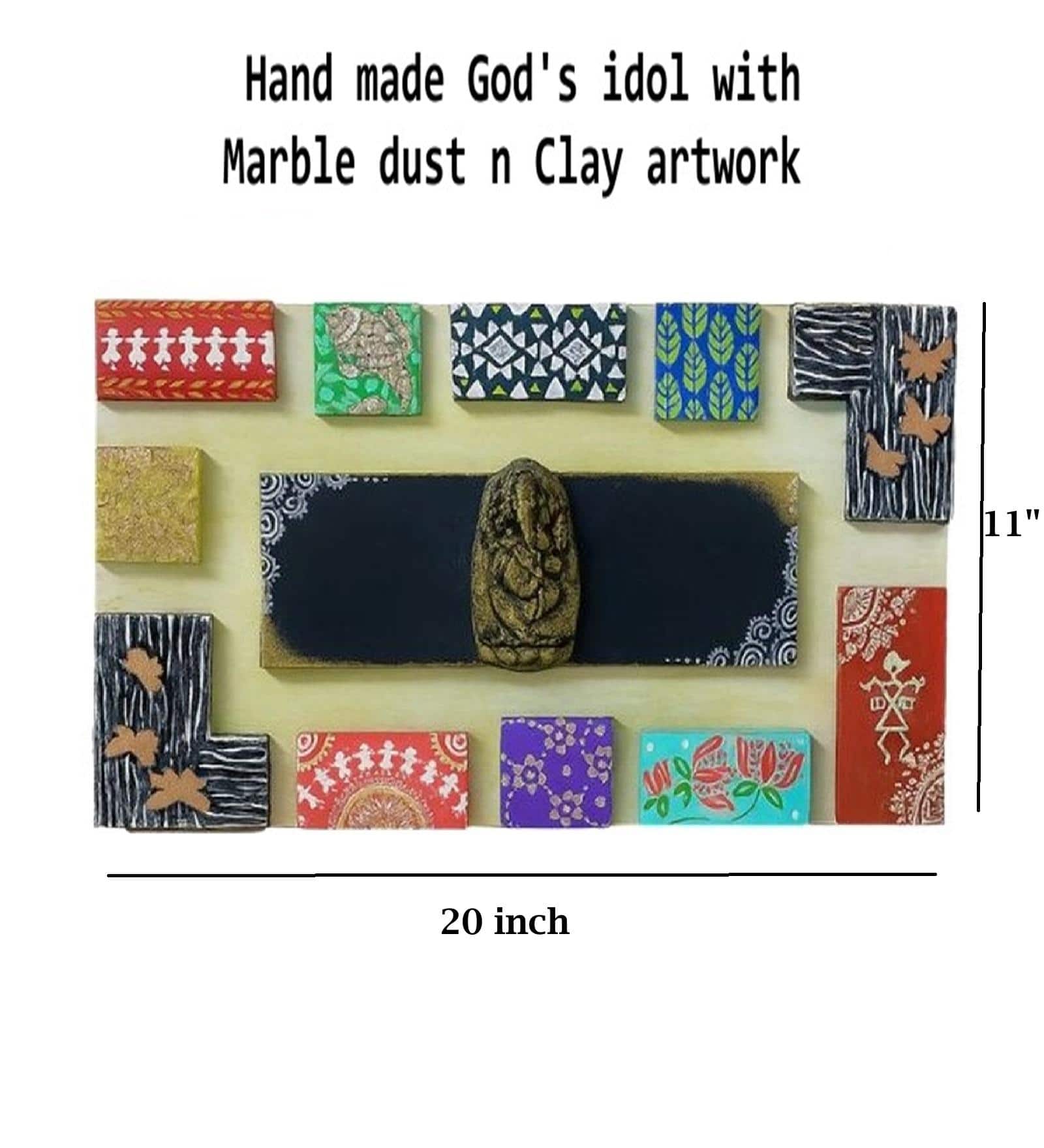 Multi Color Wooden Wall Art Panel with hand made God's idol Cone Art Work of Marble Dust and Clay