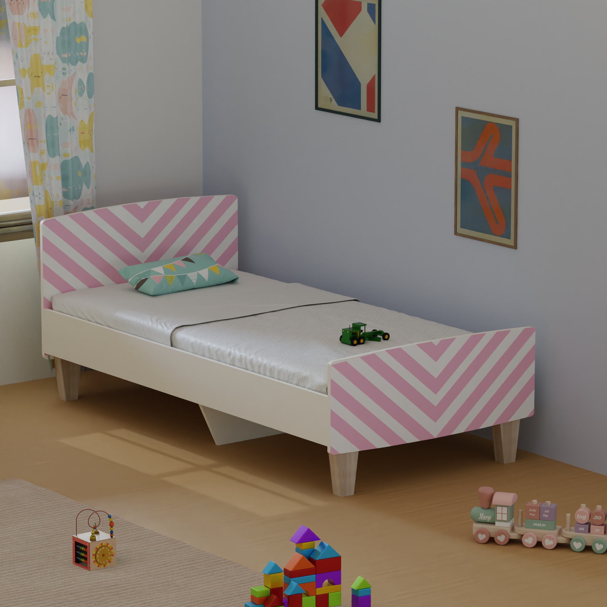Minimalist Kids Single Bed in White and Pink Stripes