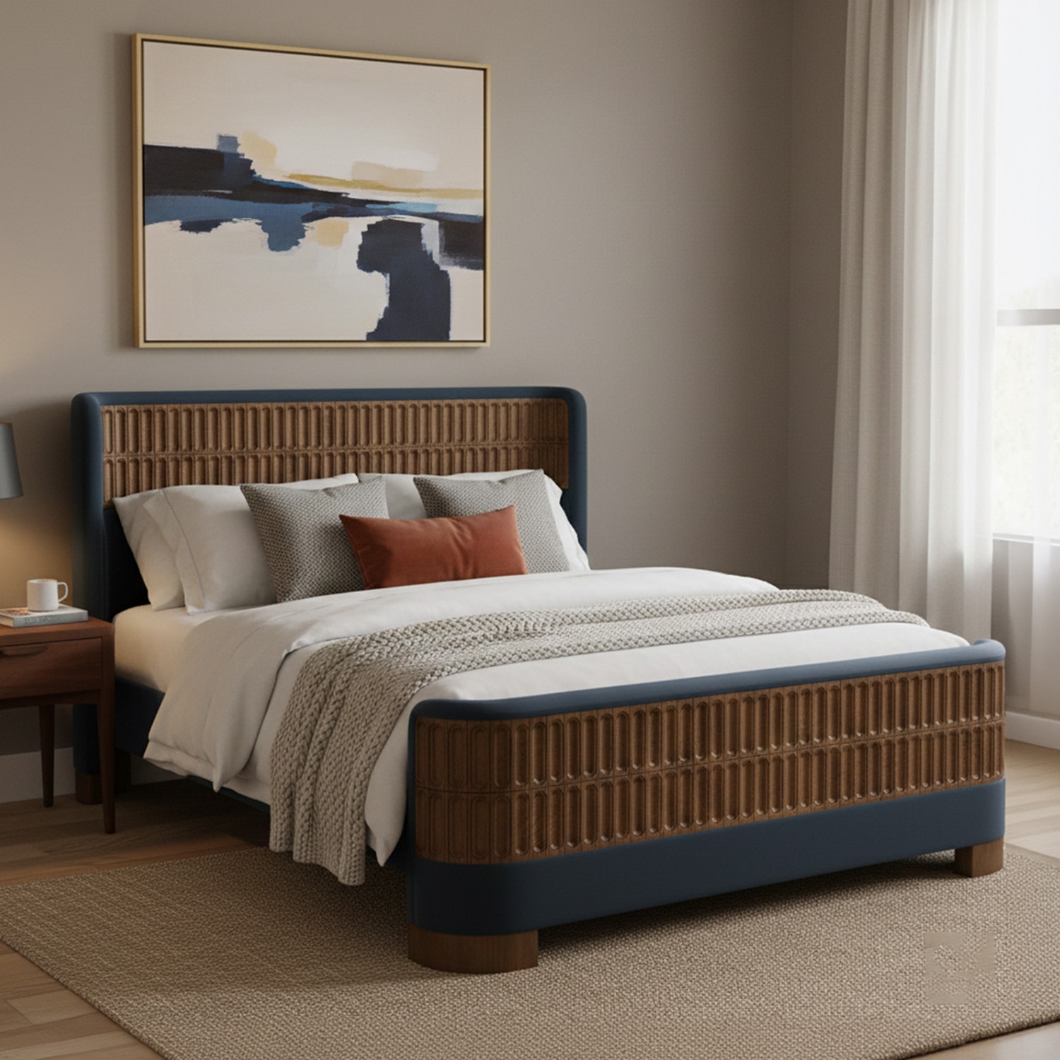 Heritage Cane Upholstered Queen Size Bed in Linen With Oak wood Frame - Nestroots