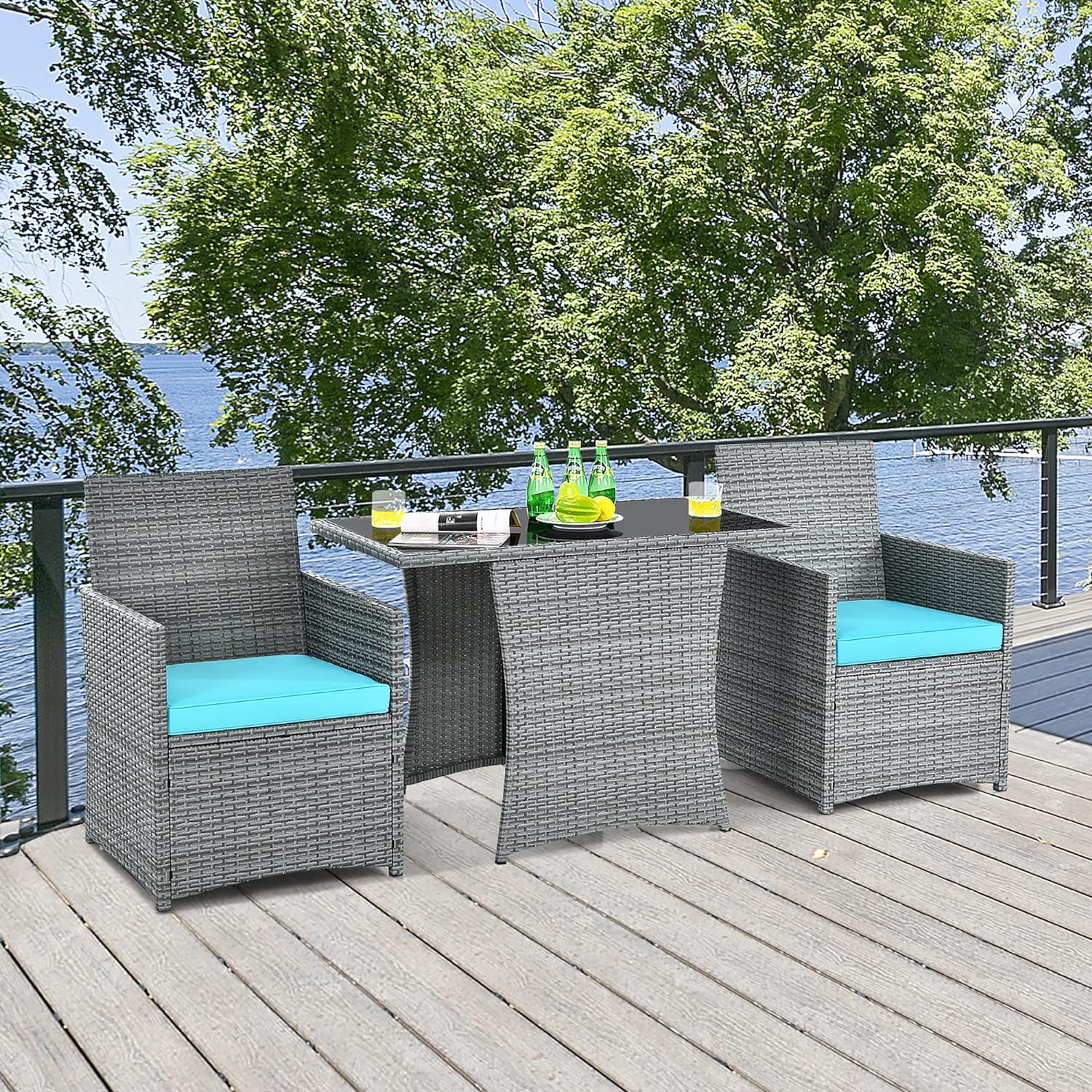 Carry Bird Wicker Patio Furniture Outdoor Balcony Chairs In Grey And Sky Blue Colour - Carrybird