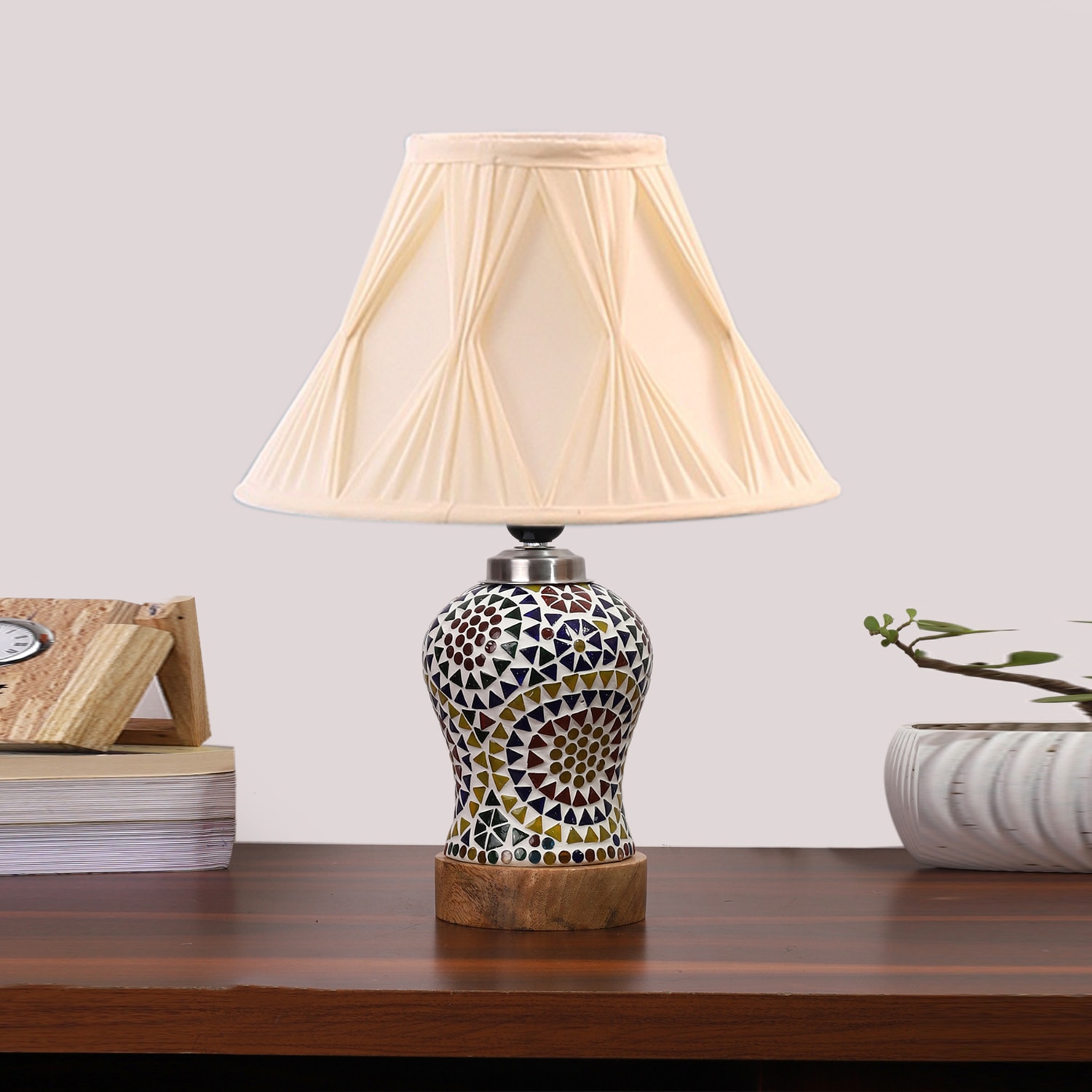 Devansh Off-White Cotton Shade Curtain  Lamp With Wood & Mosaic Glass Base For Decoration/Office/Home/Gifting/Study For Decoration/Office/Home/Gifting/Study - Devansh