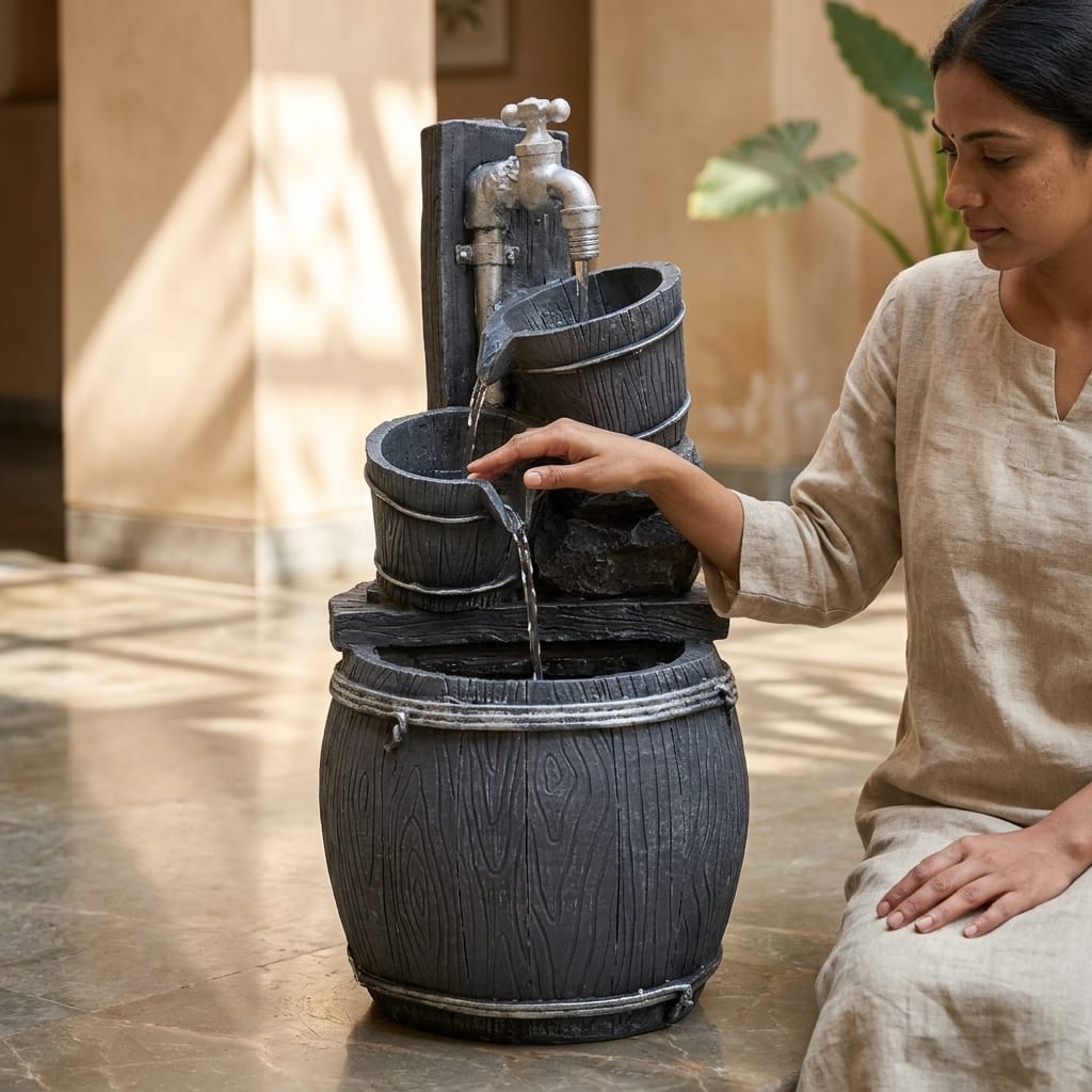 Water Fountain Rustic Barrel Cascade Water Fountain in Vintage Tap and Bucket in Multicolor Colour - Vedas