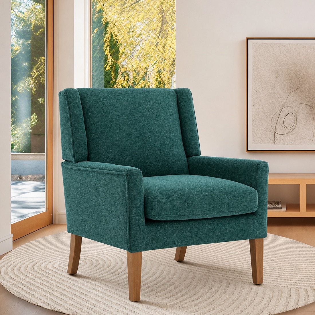Leston Boucle Fabric Lounge Chair in Green Colour - KURSIWALLAH