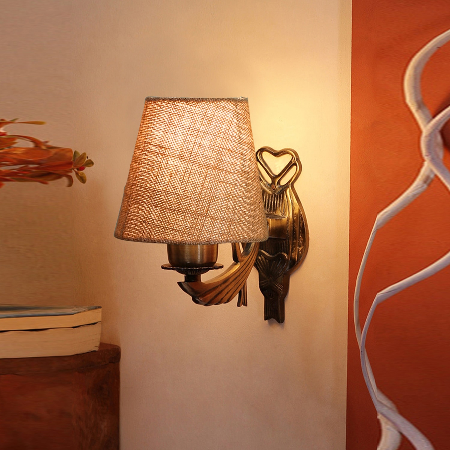 Devansh Metal Electric Wall Light in Antique Gold Colour with Beige Shade Count of 1 Light - Devansh