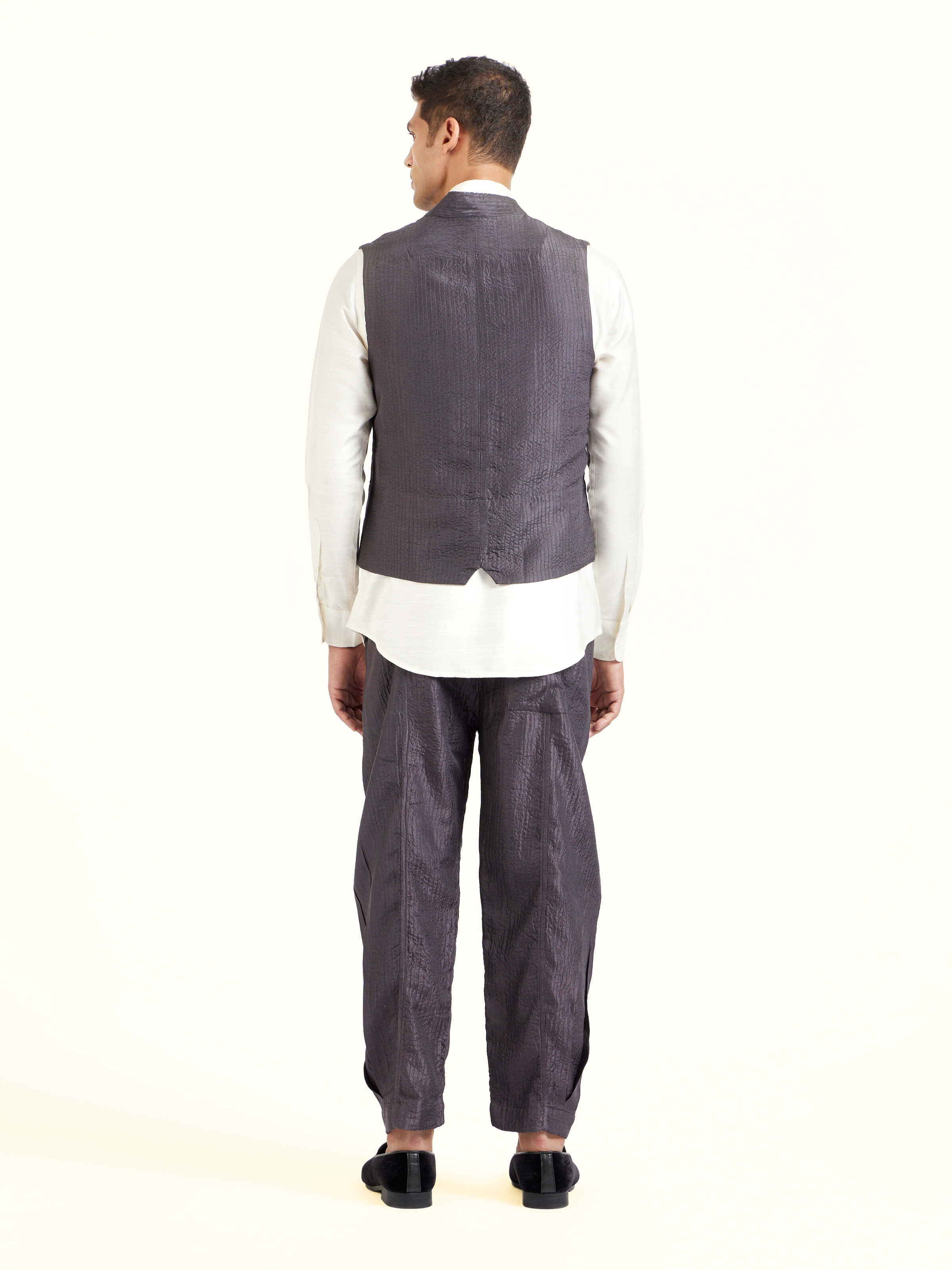 Back view of grey silk handloom silk ethnic jacket displaying overall design