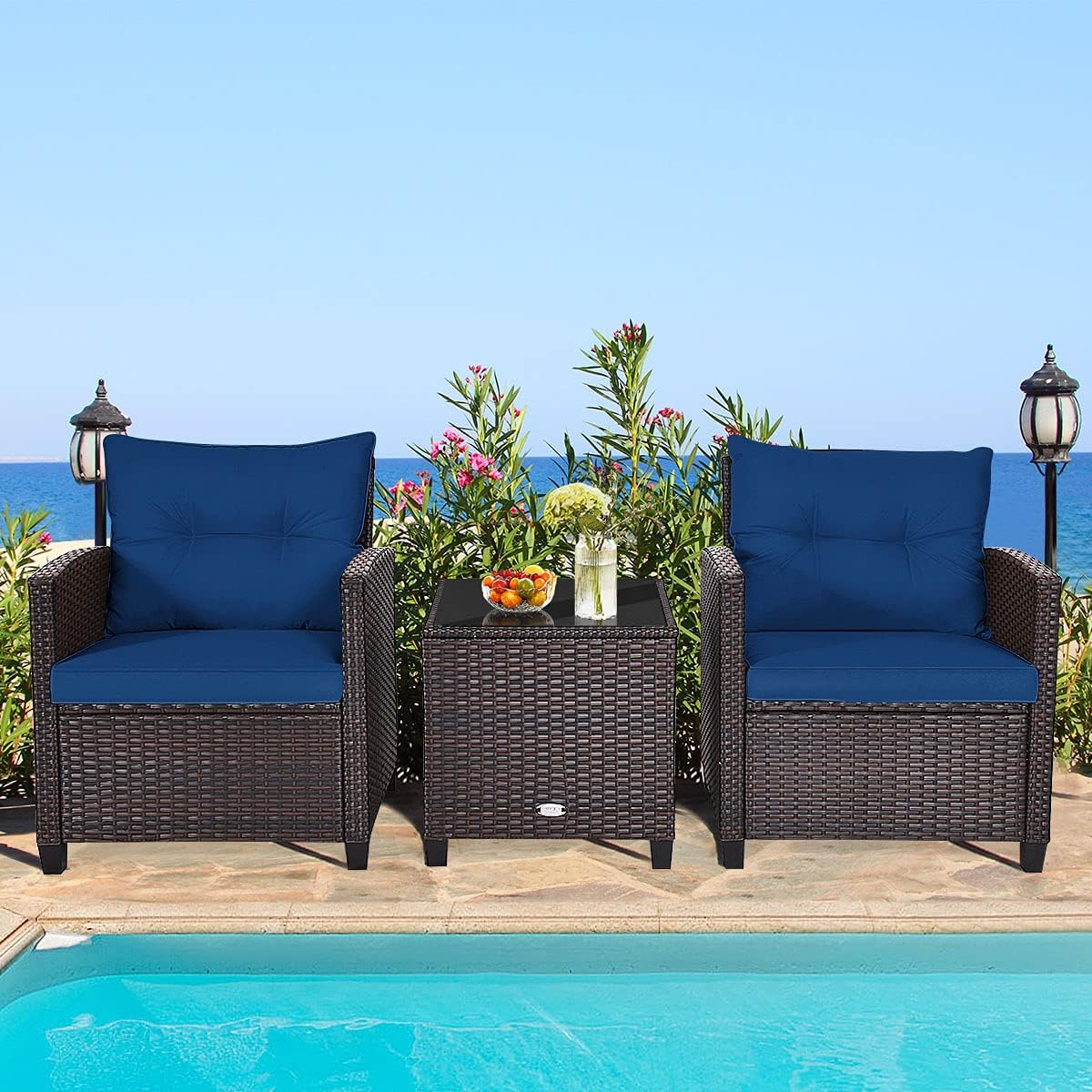 Carry Bird Wicker Patio Furniture Outdoor Balcony Chairs In Navy Blue Colour
