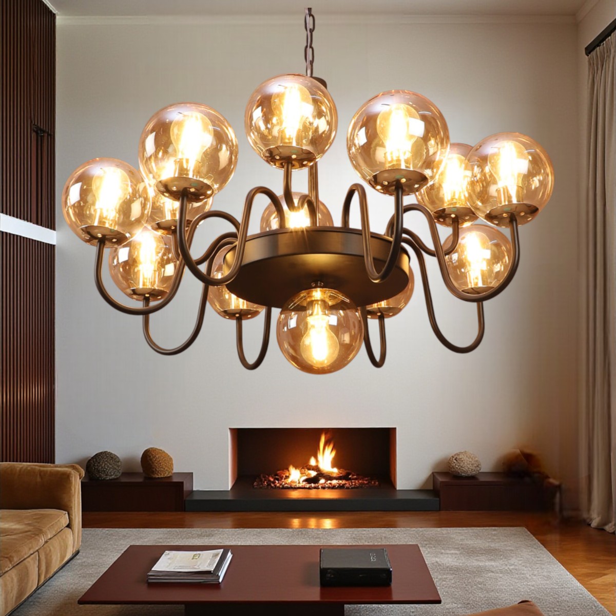 Eliante Chandelier, Champaign Glass Shades, 13-Light, Mild Steel, Modern Ceiling Light Fixture - Eliante