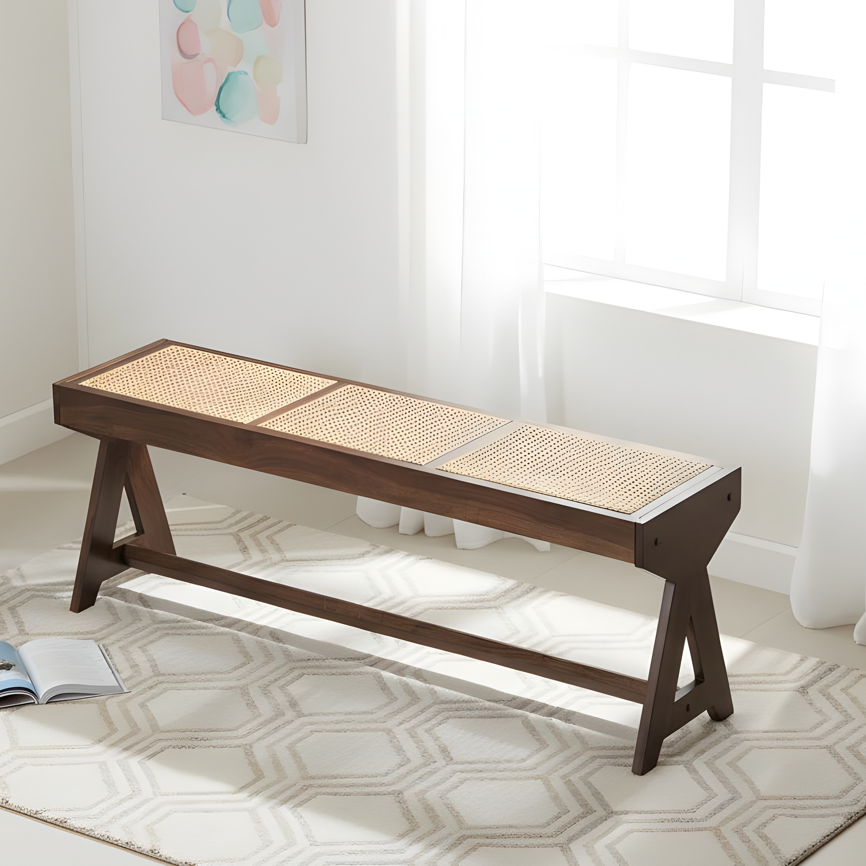 Rockport Sheesham Wood Mid Century 3 Seater Bench  Rattan Work