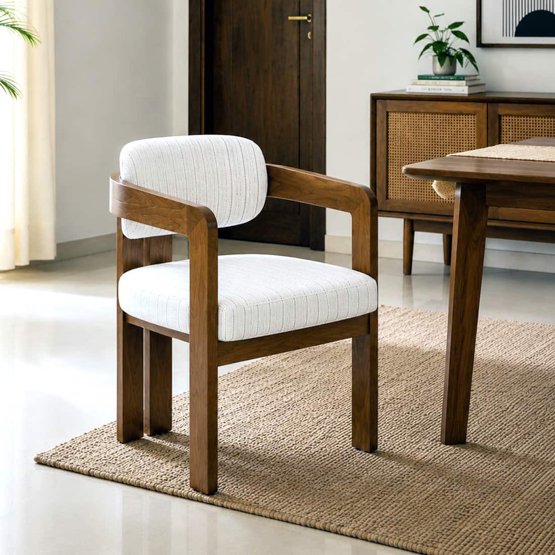 Burbon Solid Wood Upholstered Dining Chair in Teak Finish - HomeDfy