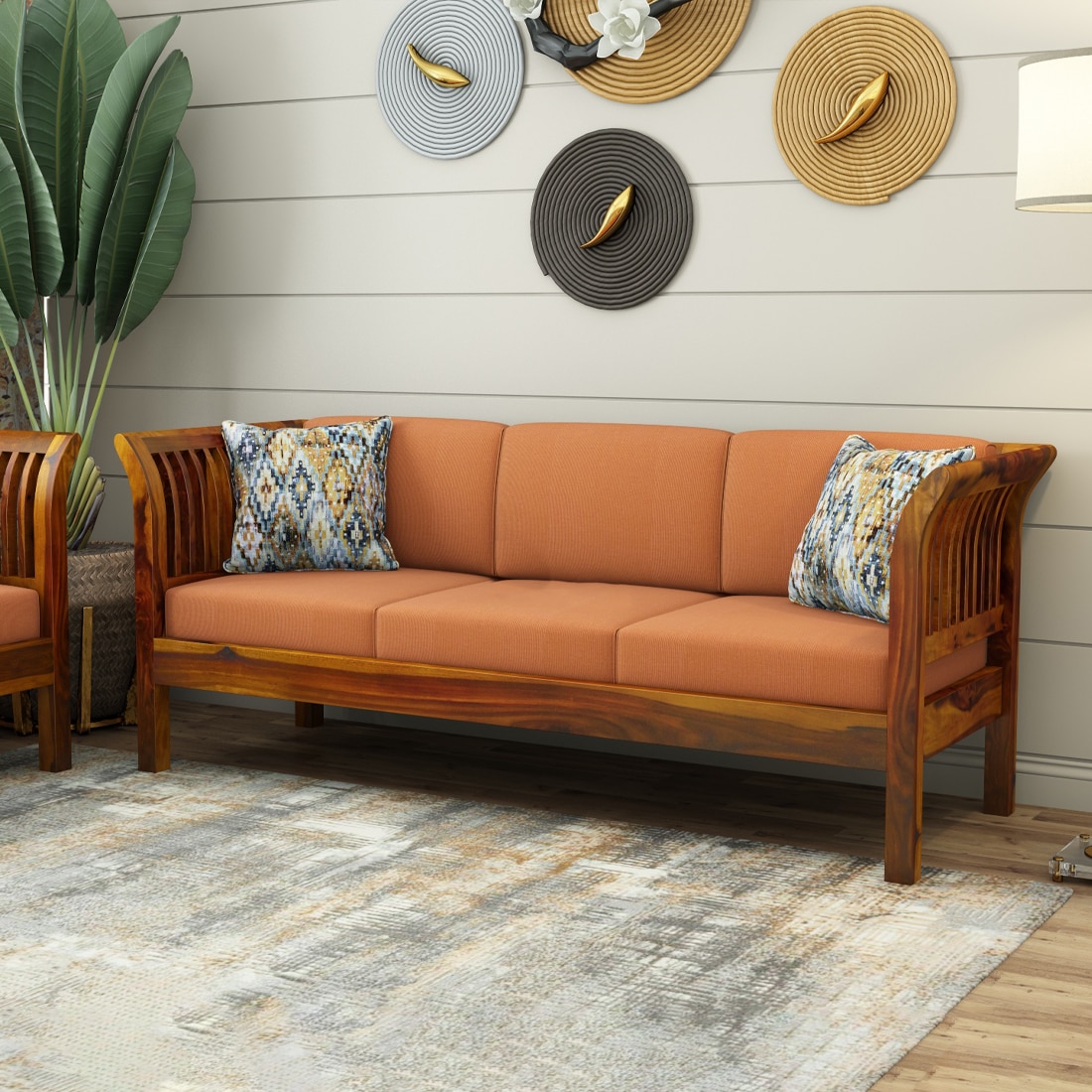 Haveli 3 Seater Wooden Sofa (Orange Colour, Honey Finish)