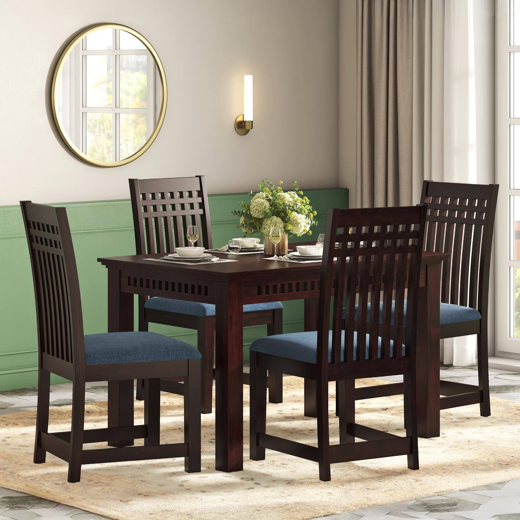 Fidora 4 Seater Dining Table With Set Of 4 Capra Dining Chairs (Finish- Mahogany, Colour- White)