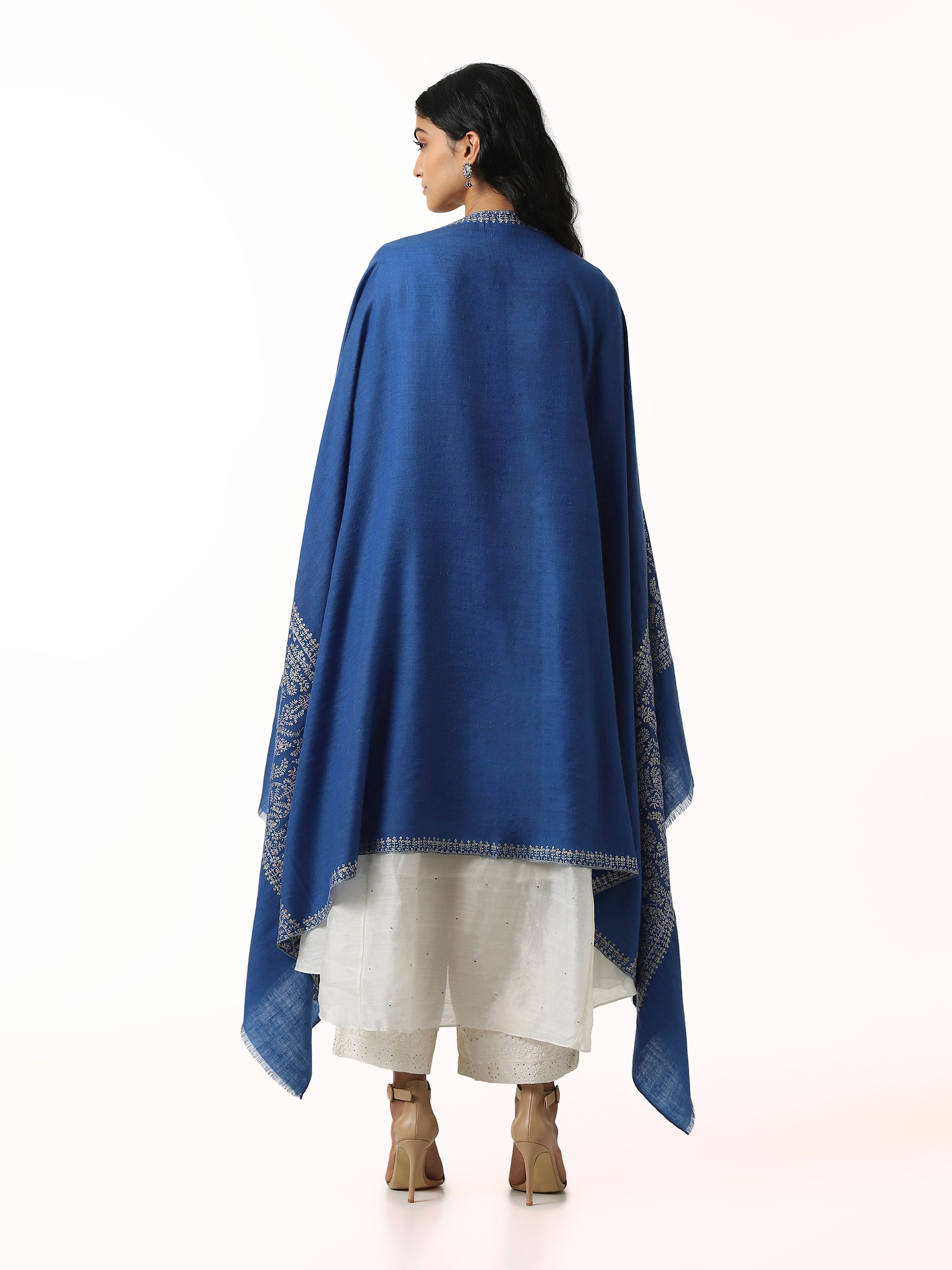Back view of blue Palledar Sozni embroidered shawl displaying full pattern