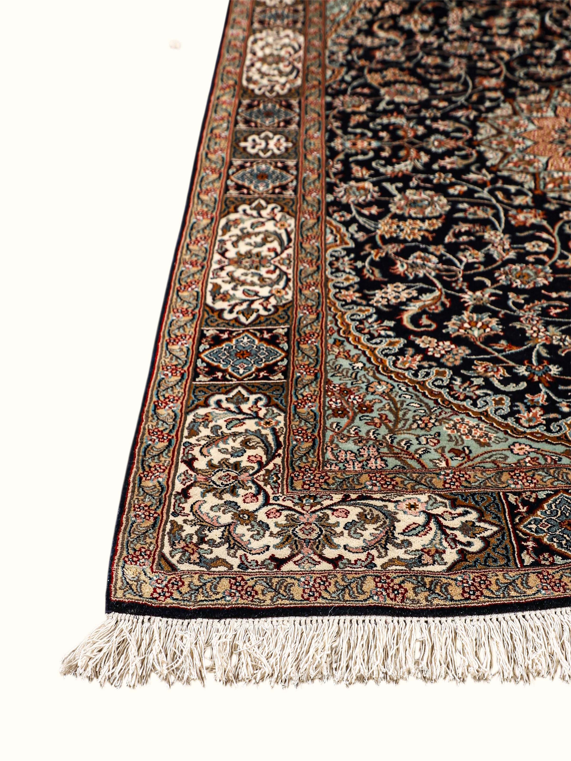 Traditional Persian Navy Ivory Nain Kashmir Silk Hand-Knotted Carpet