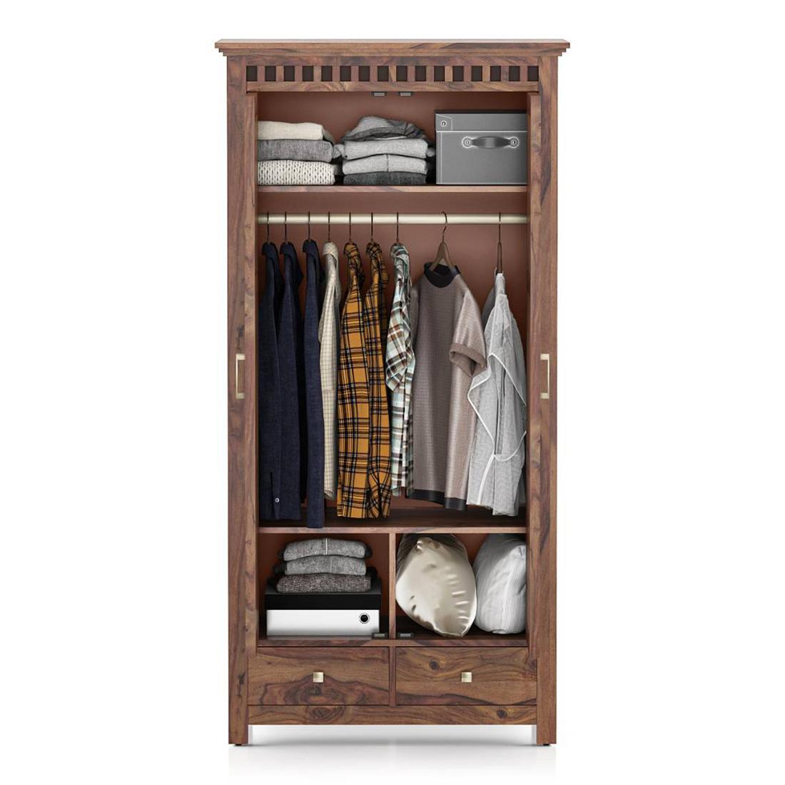 Fidora Solid Wood 2 Door Wardrobe in Teak Finish
