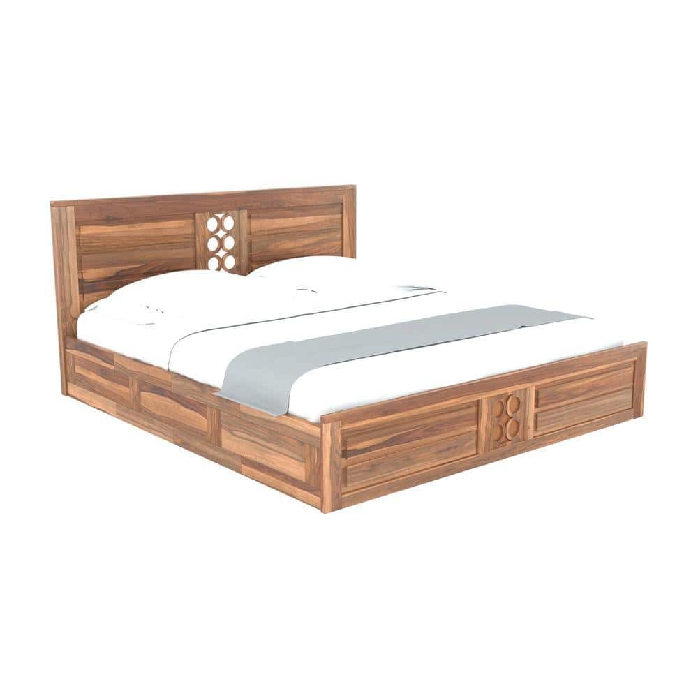 Dyla Sheesham Wood Queen Size Box Storage Bed In Teak Finish