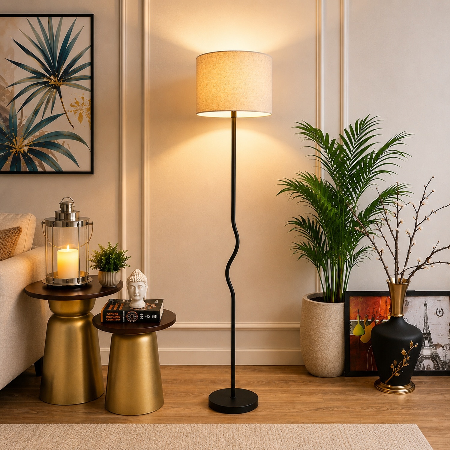 Forest White Jute Floor Lamp with Solid Wood - Pristine Interiors
