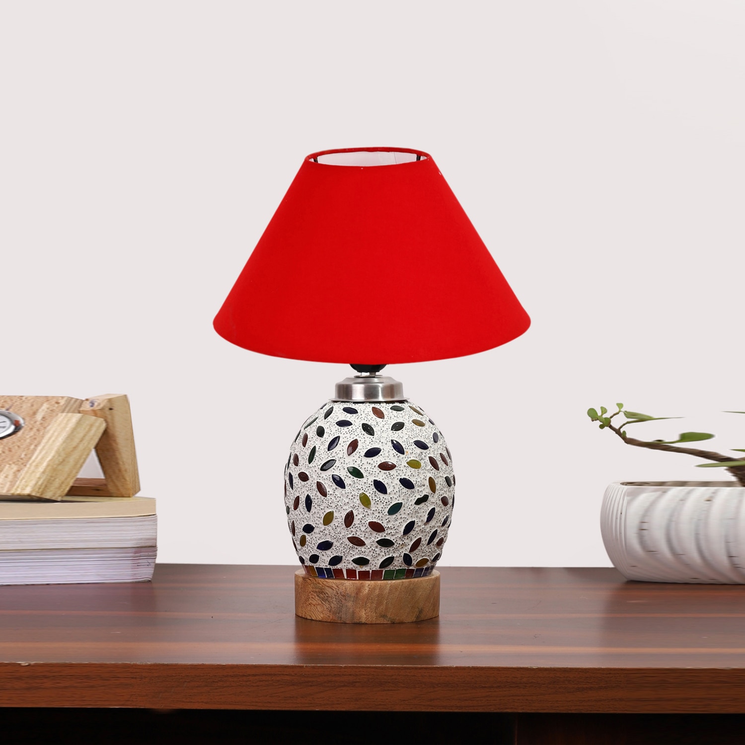 Devansh Conical Red Cotton Shade Lamp With Wood & Mosaic Glass Base For Decoration/Office/Home/Gifting/Study For Decoration/Office/Home/Gifting/Study -(10X10X14.5) Inches -A