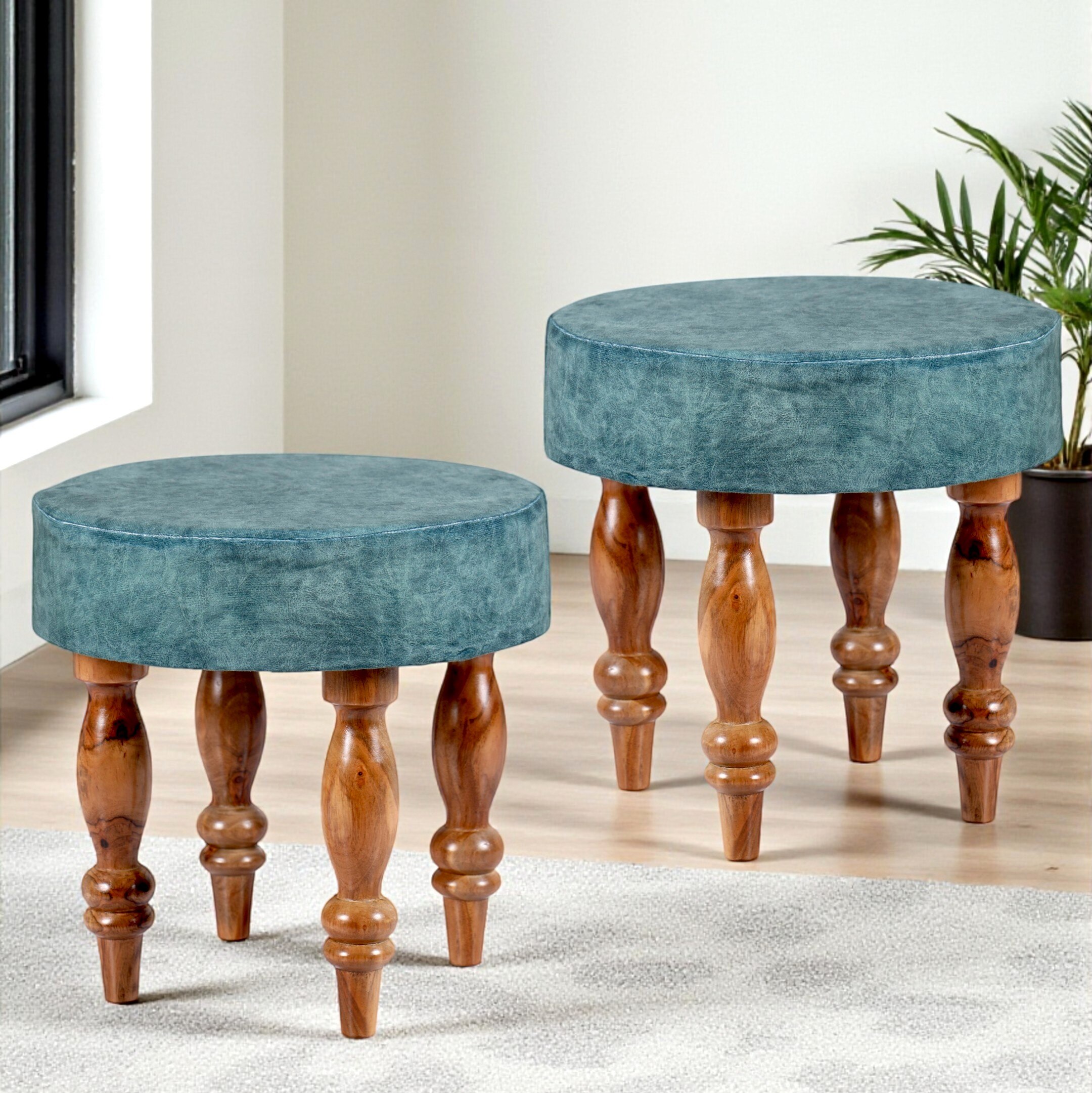 Roswell Sheesham Wood   Round Set of 2 Stools in Blue Jacquard Work Fabric Upholstery