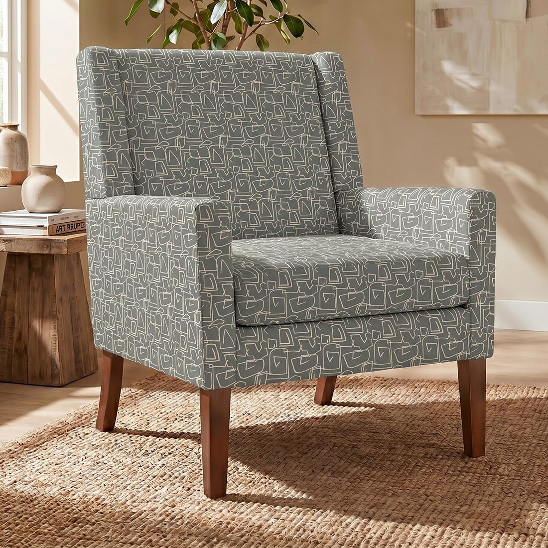 Leston Printed Canvas Geometry Fabric Lounge Chair inGreen Colour - KURSIWALLAH